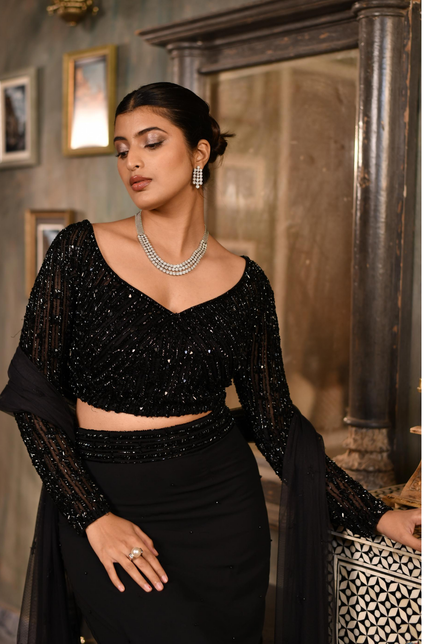 Black Fishcut Skirt Pair with Full Sleeve Blouse and Dupatta