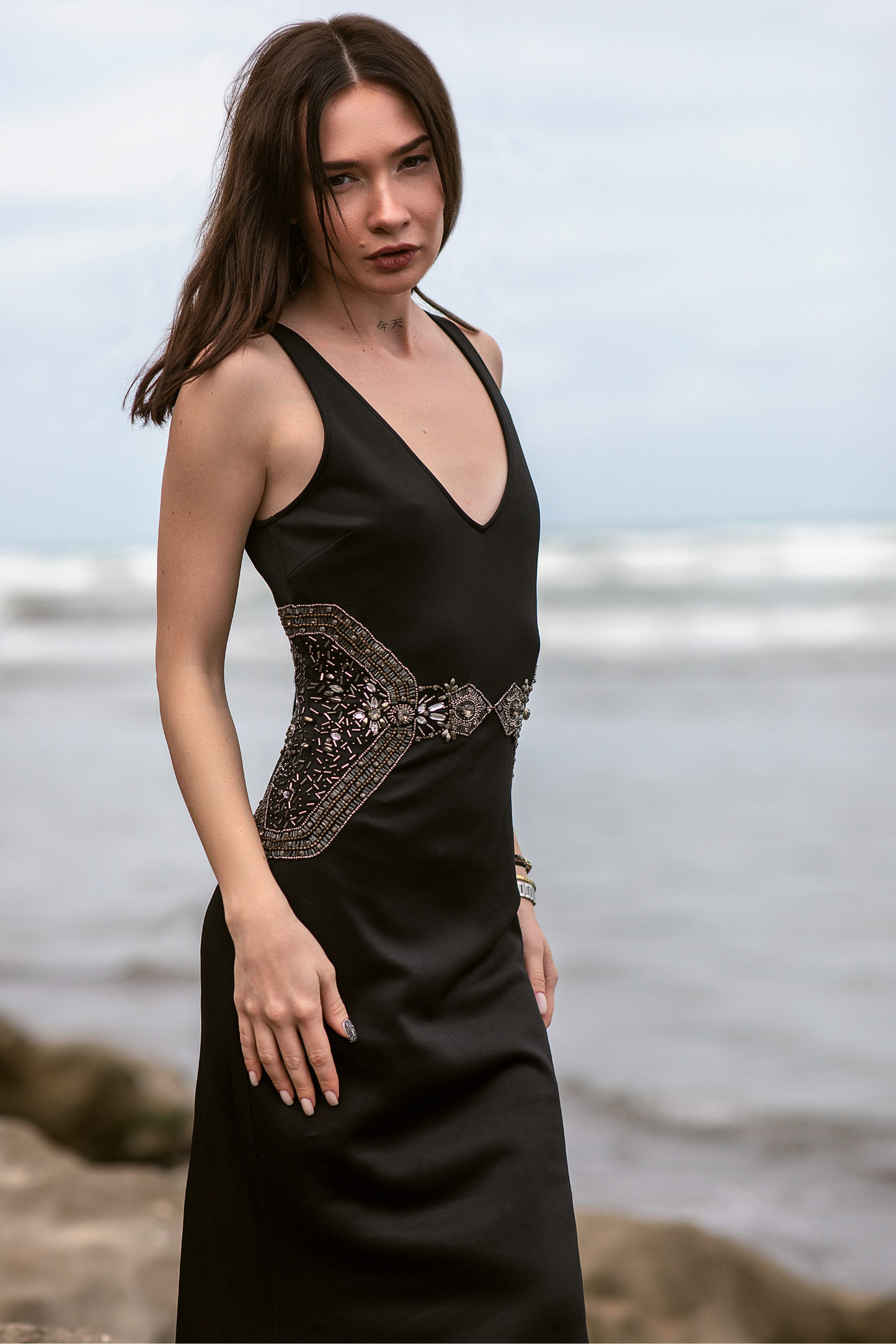 Black Sartorial Gown with Belt Detailing