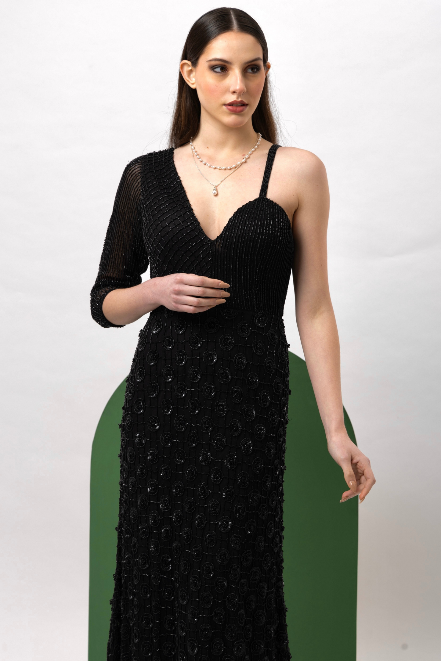 Classic Black One Shoulder Embellished Gown