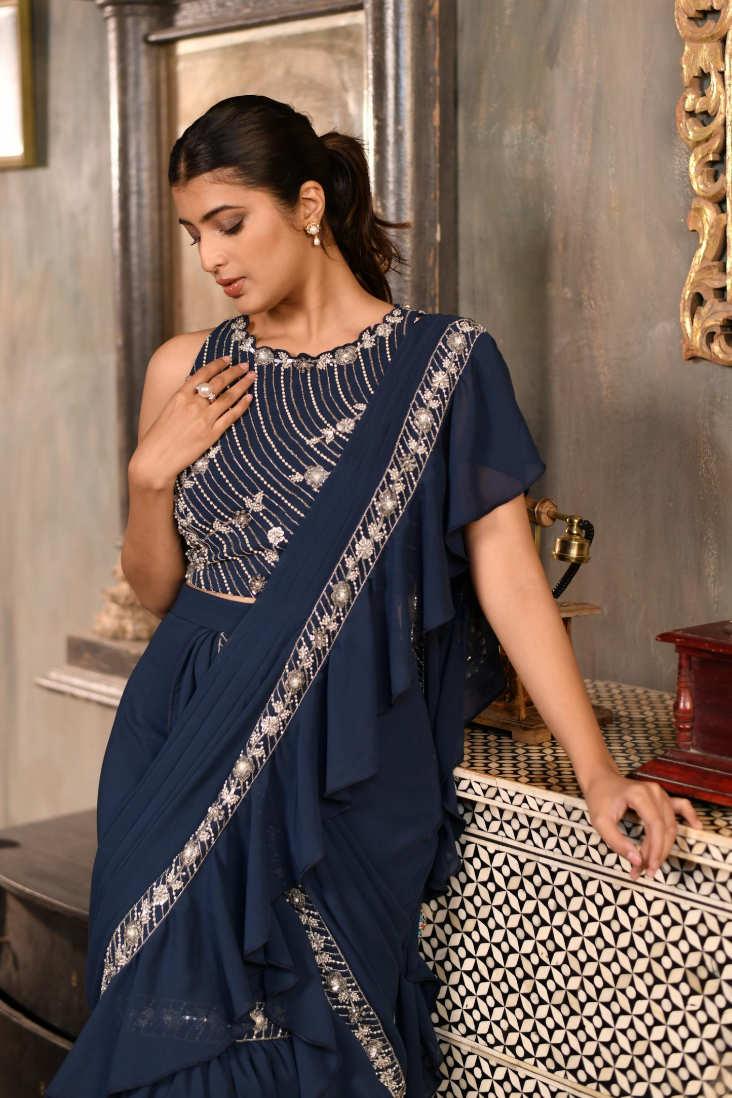 Classic Blue Fishcut Ruffle Drape Saree