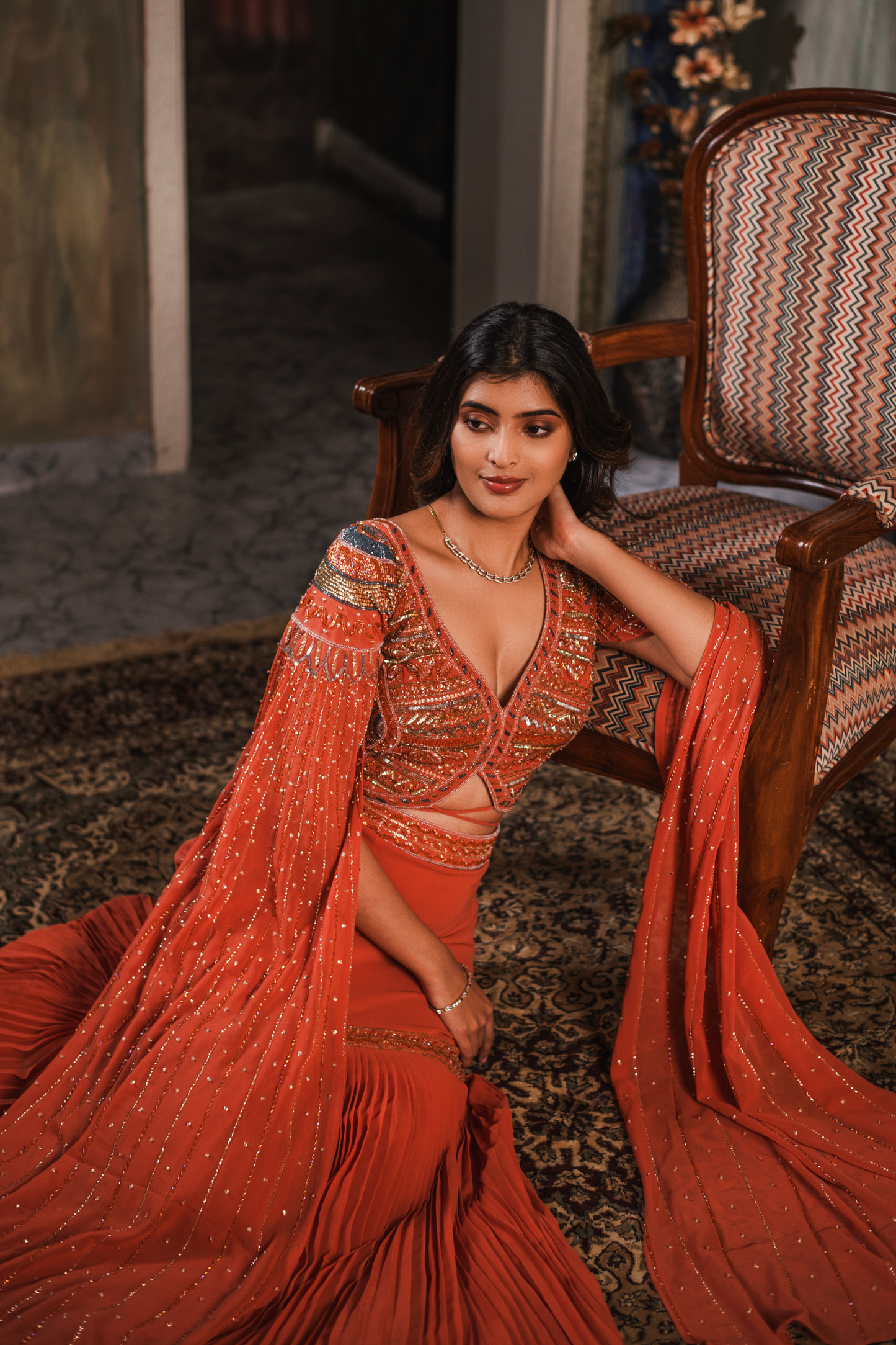 Dusty Orange Pleated Skirt Pair WaterFall Sleeve