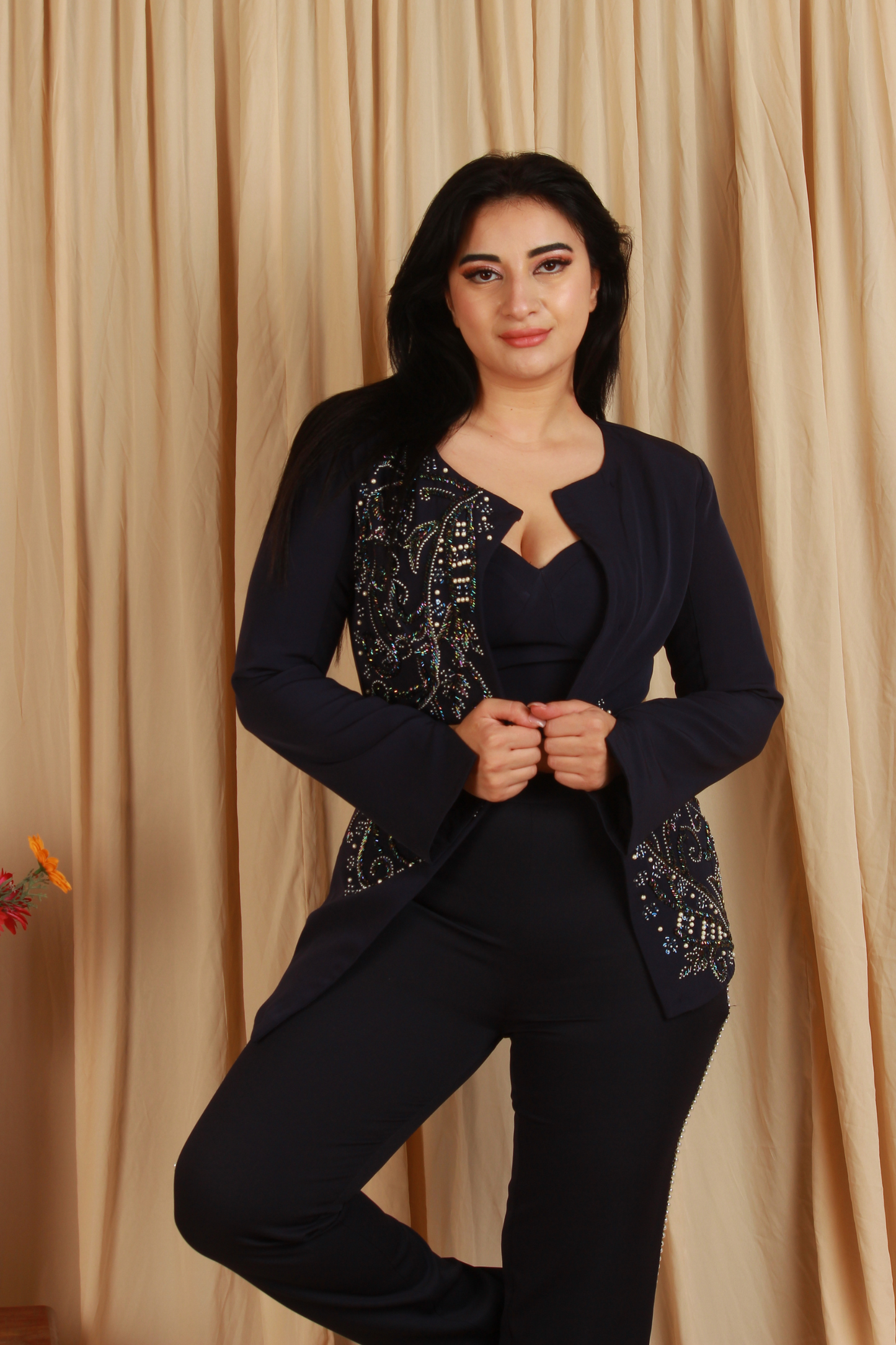 Navy Blue Embellished Co-Ord Set with Jacket