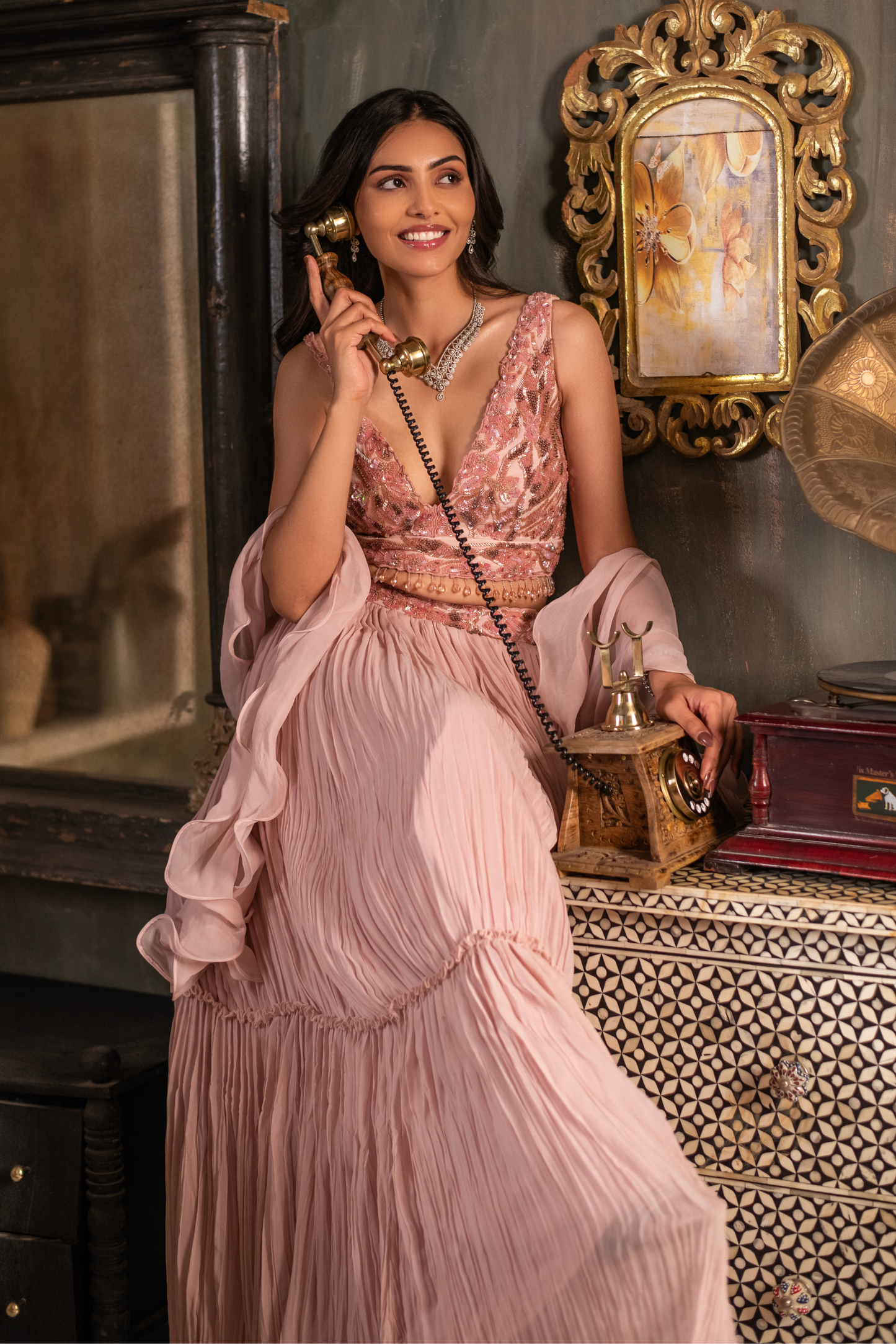 Peach Crushed Pleated Skirt Pair with Blouse & Ruffle Dupatta