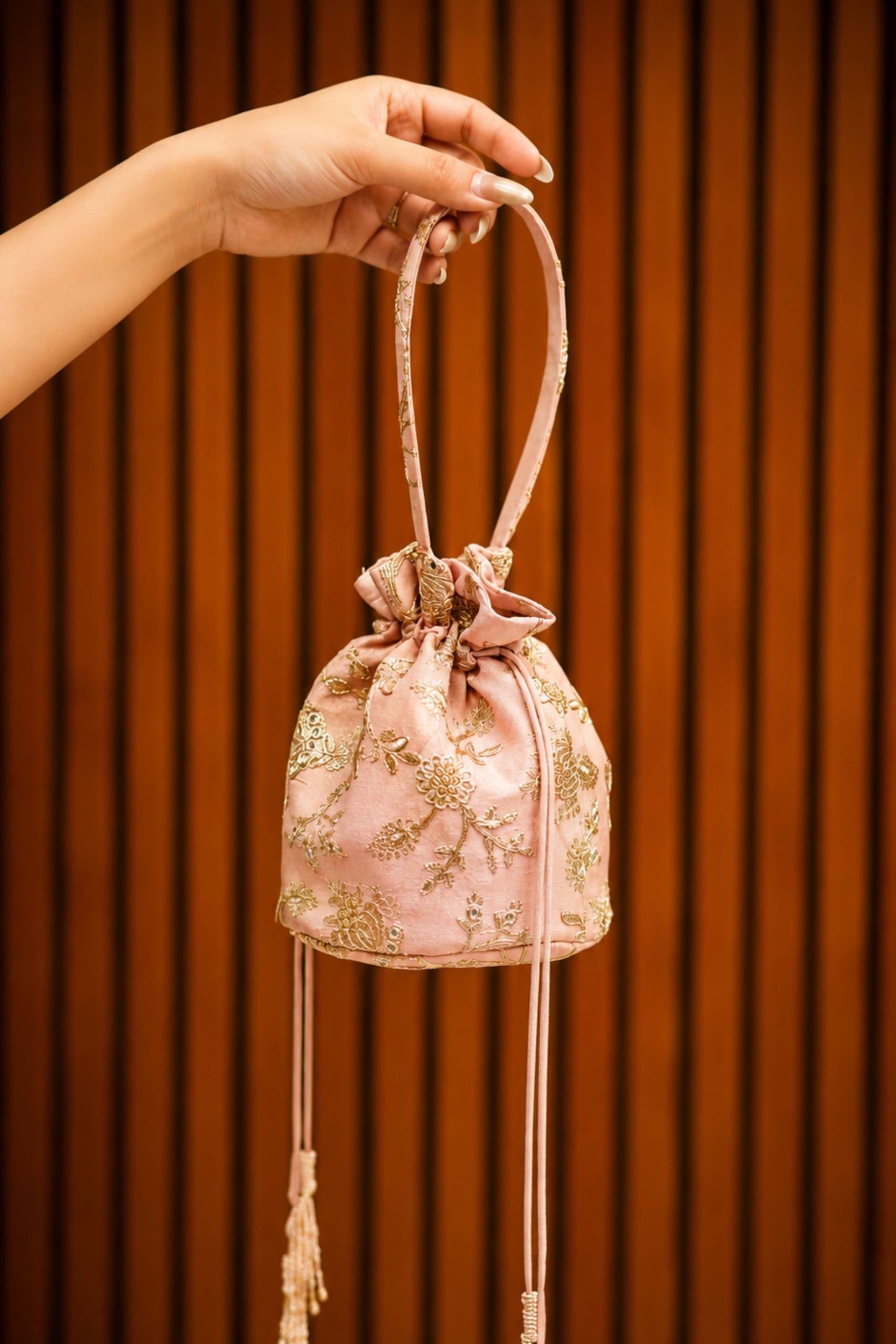 Peach Zari Potli Bag