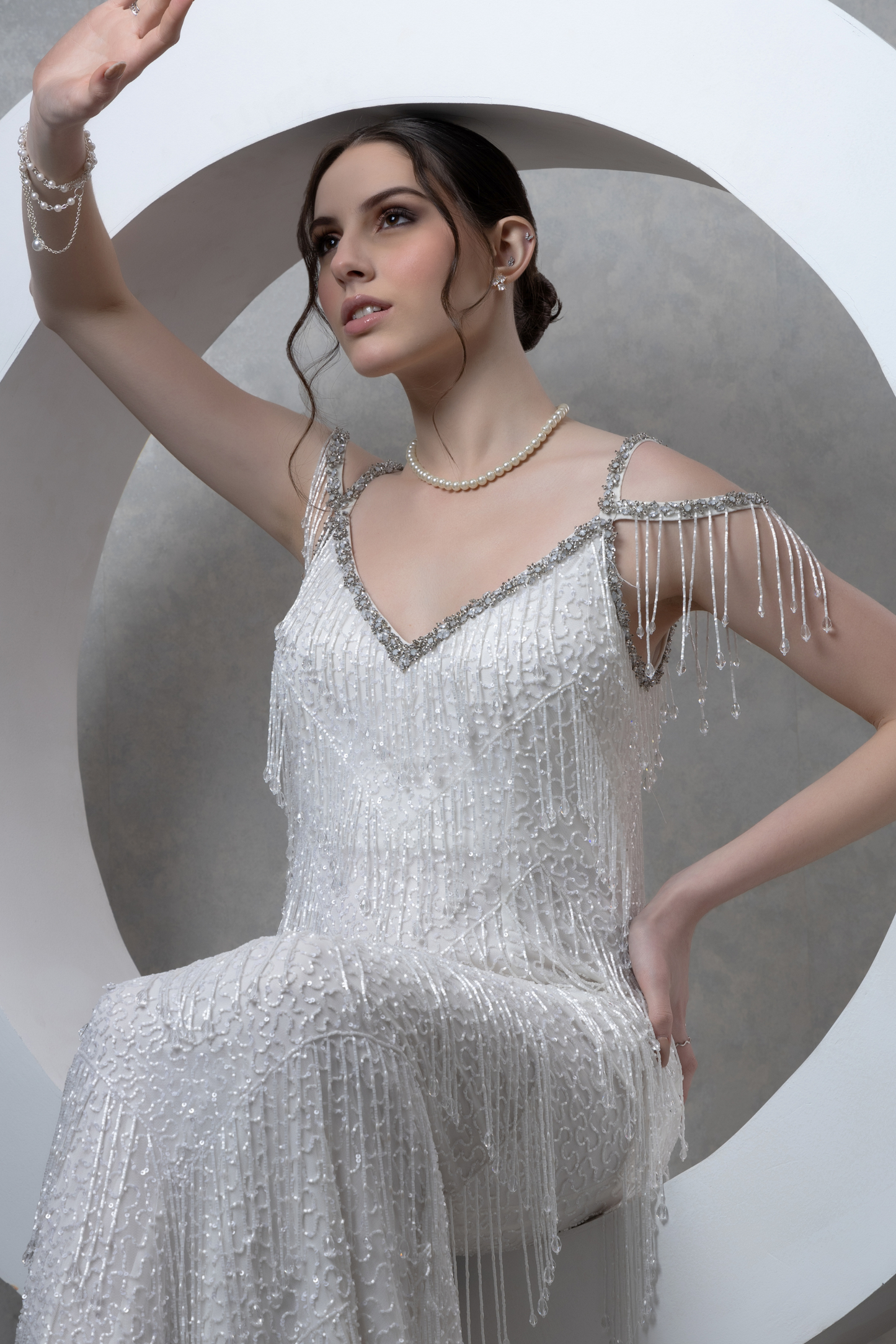 Pearl White Drop Beaded Gown