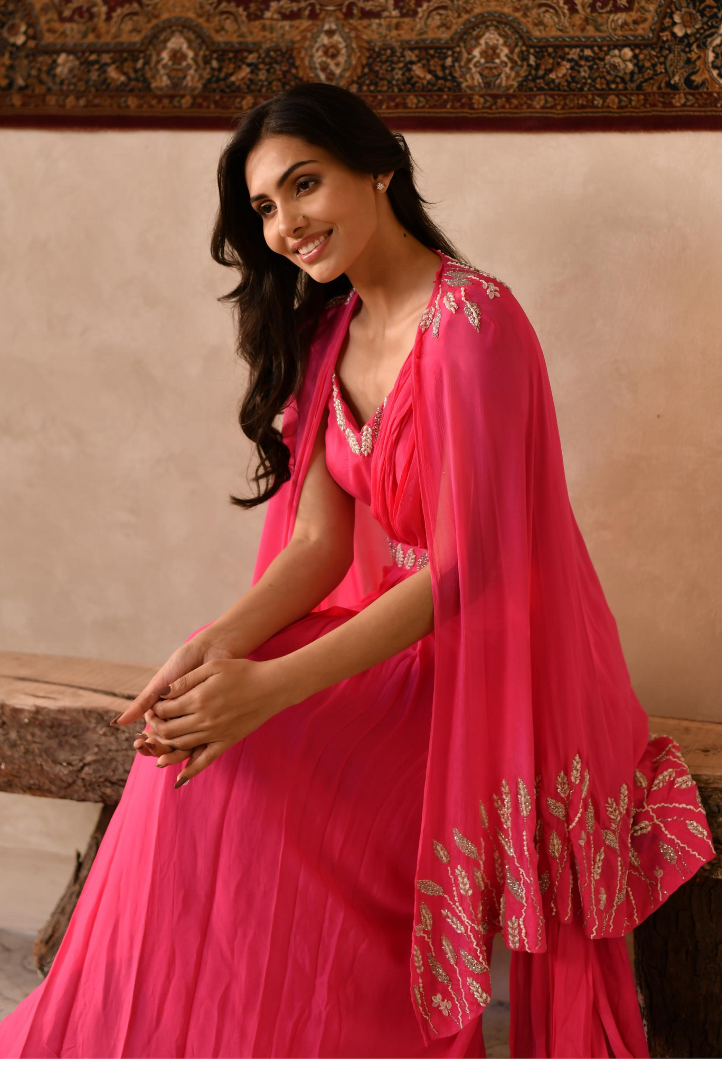 Pink Cosmos Drape Saree, Blouse and Cape & Belt
