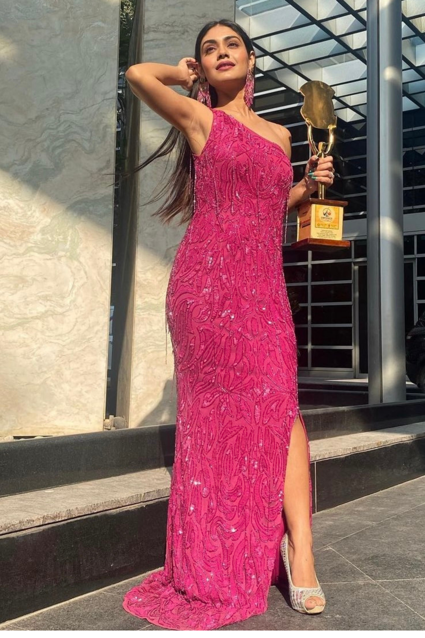 Pink One-Shoulder Embellished Floor-Length Gown