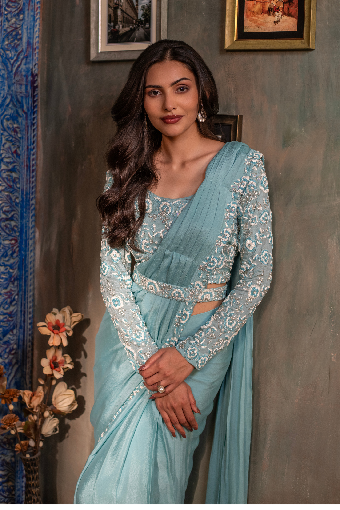 Sky Blue Drape Saree with Waist Belt