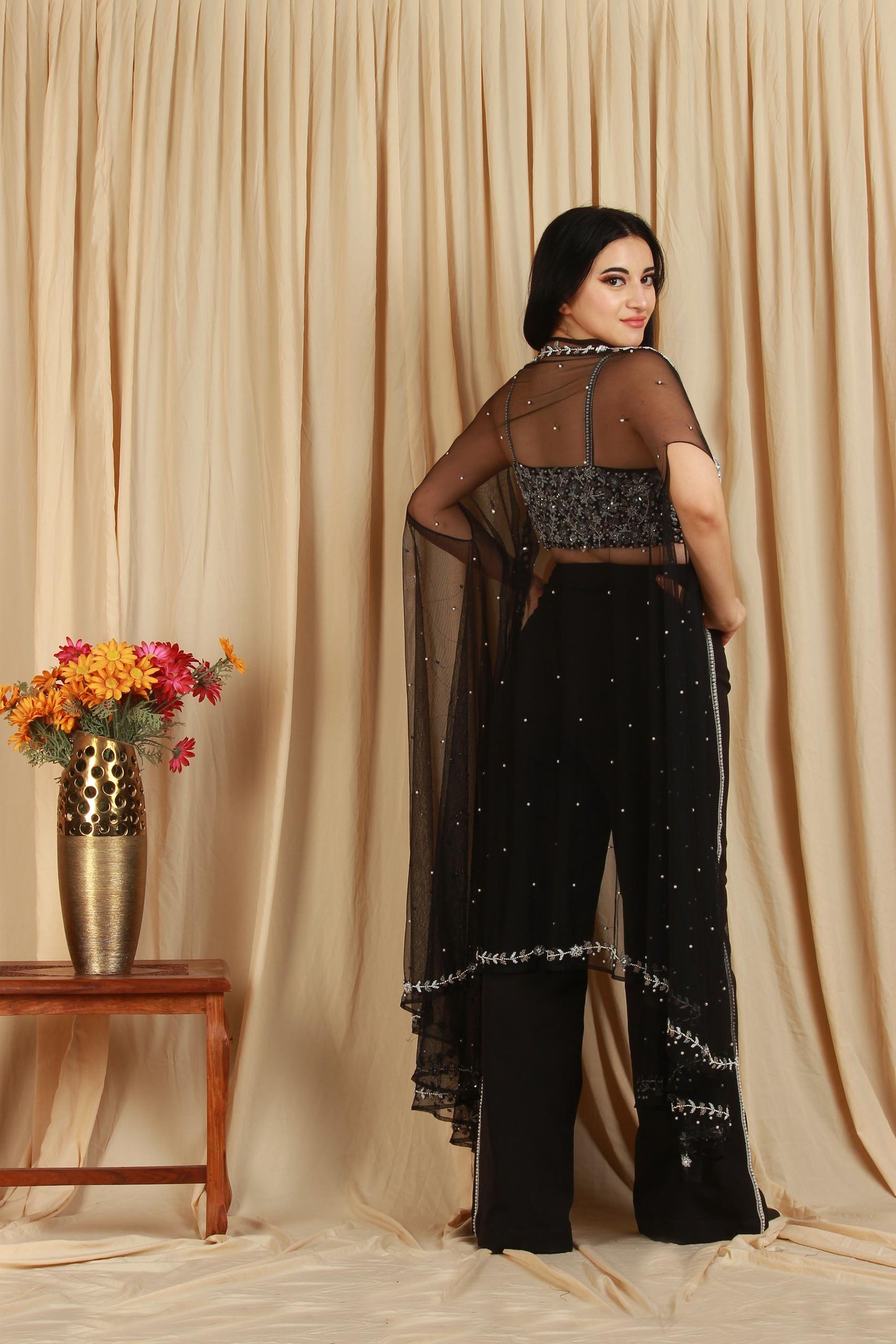 Black Embellished Corset Co-Ord Set with Cape Dupatta