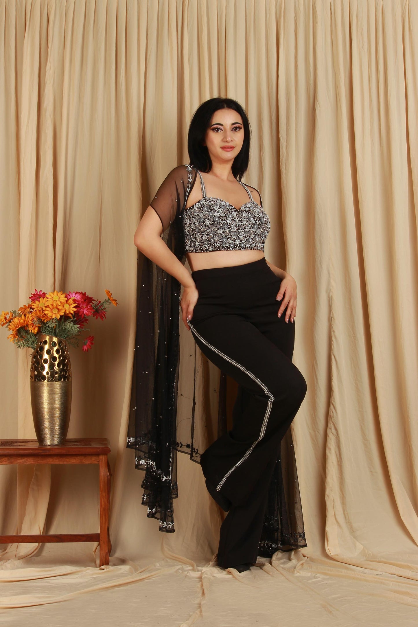 Black Embellished Corset Co-Ord Set with Cape Dupatta