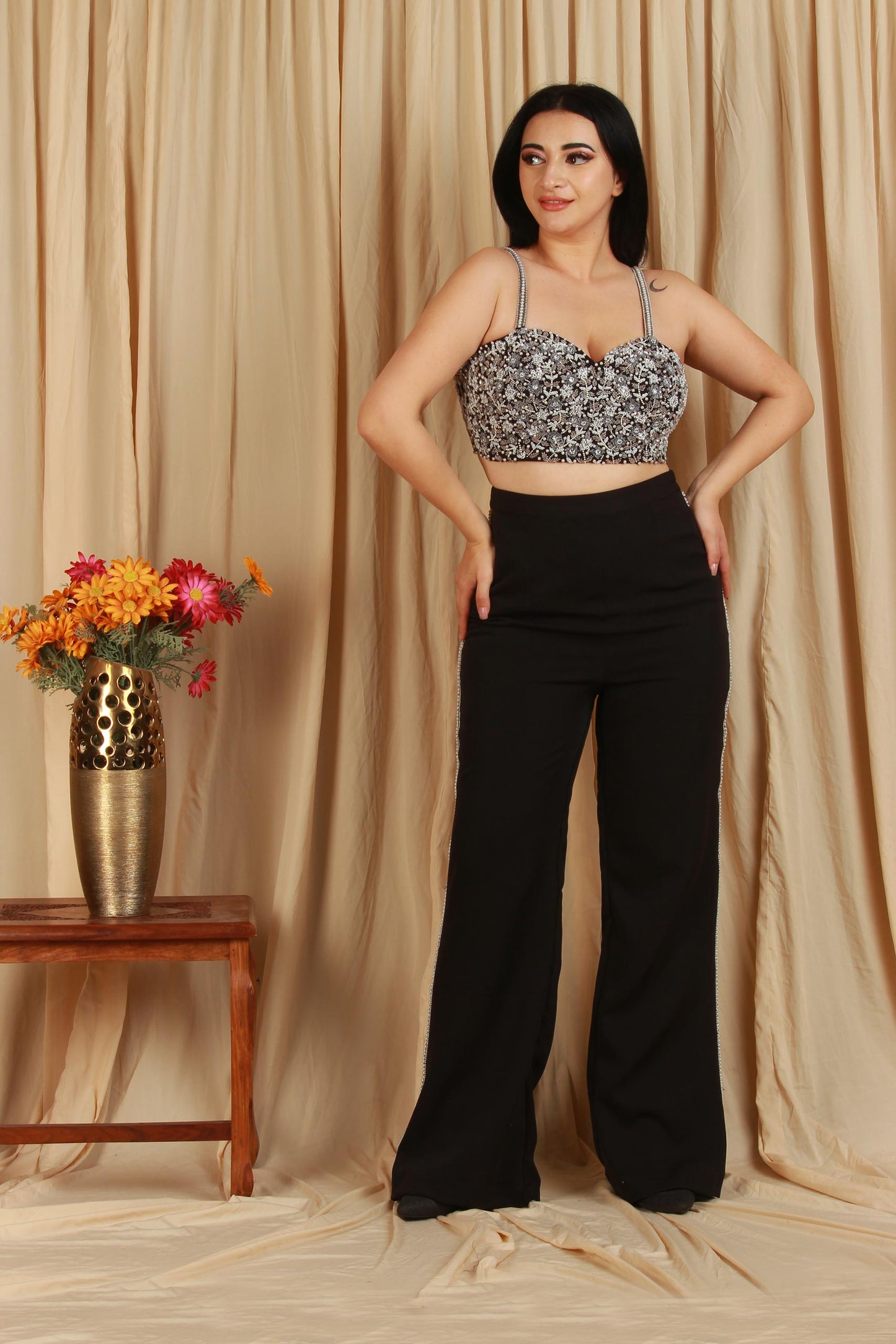 Black Embellished Corset Co-Ord Set with Cape Dupatta