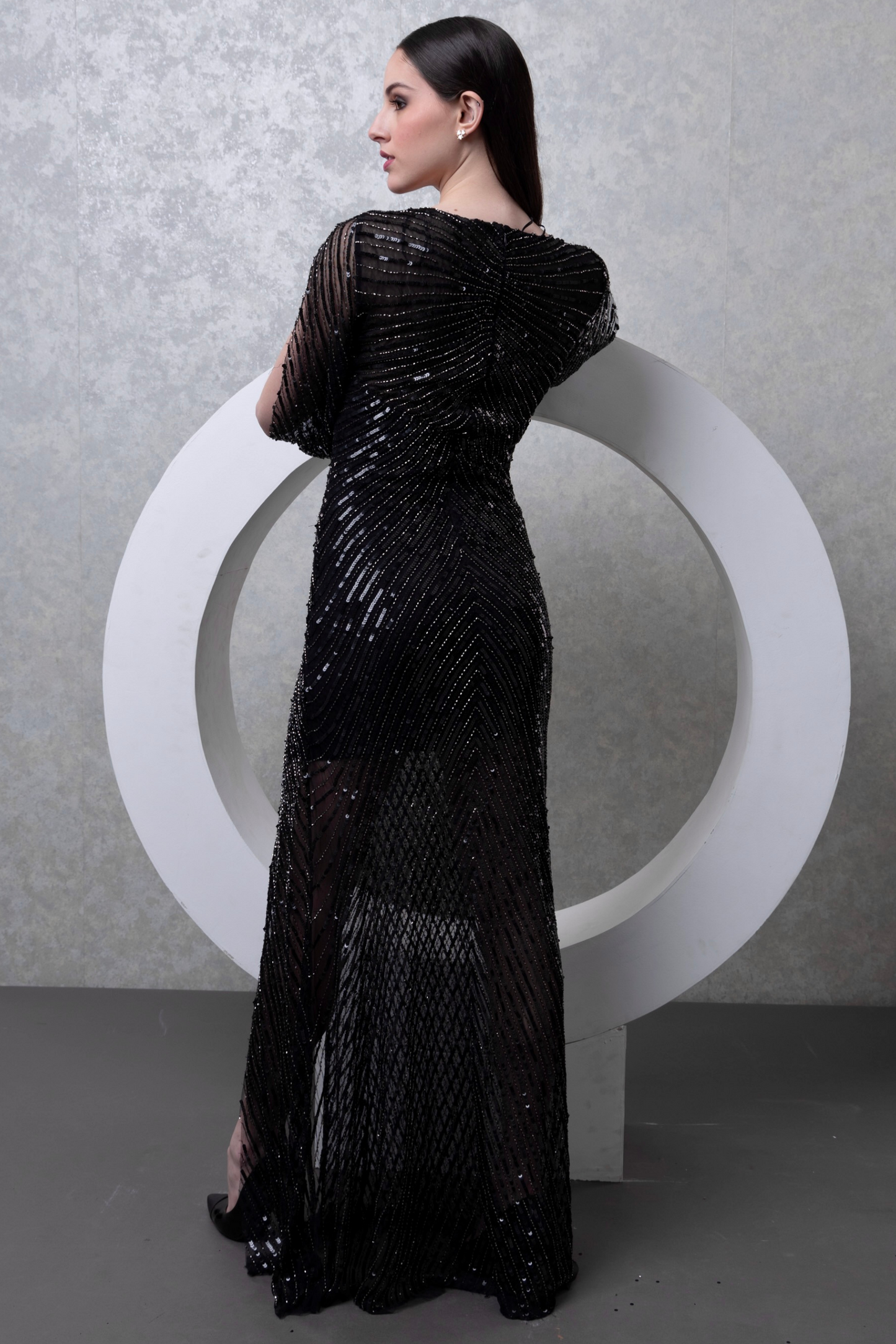 Black Embellished Gown with Cold Shoulder