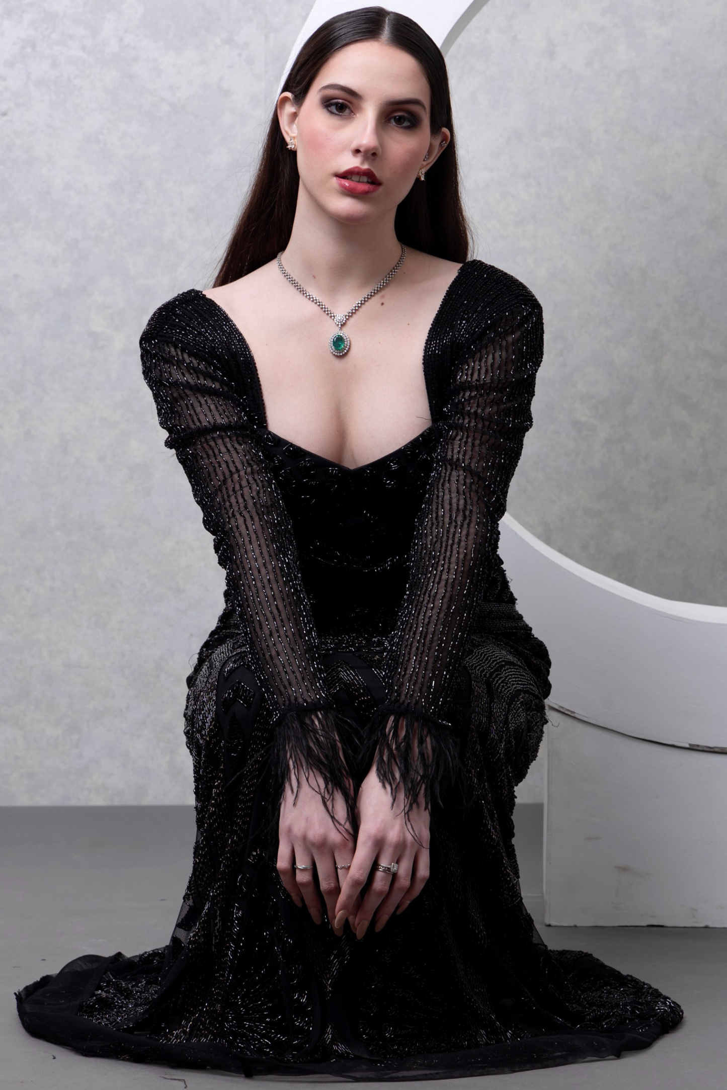 Black Embellished gown with Fur Cuffs