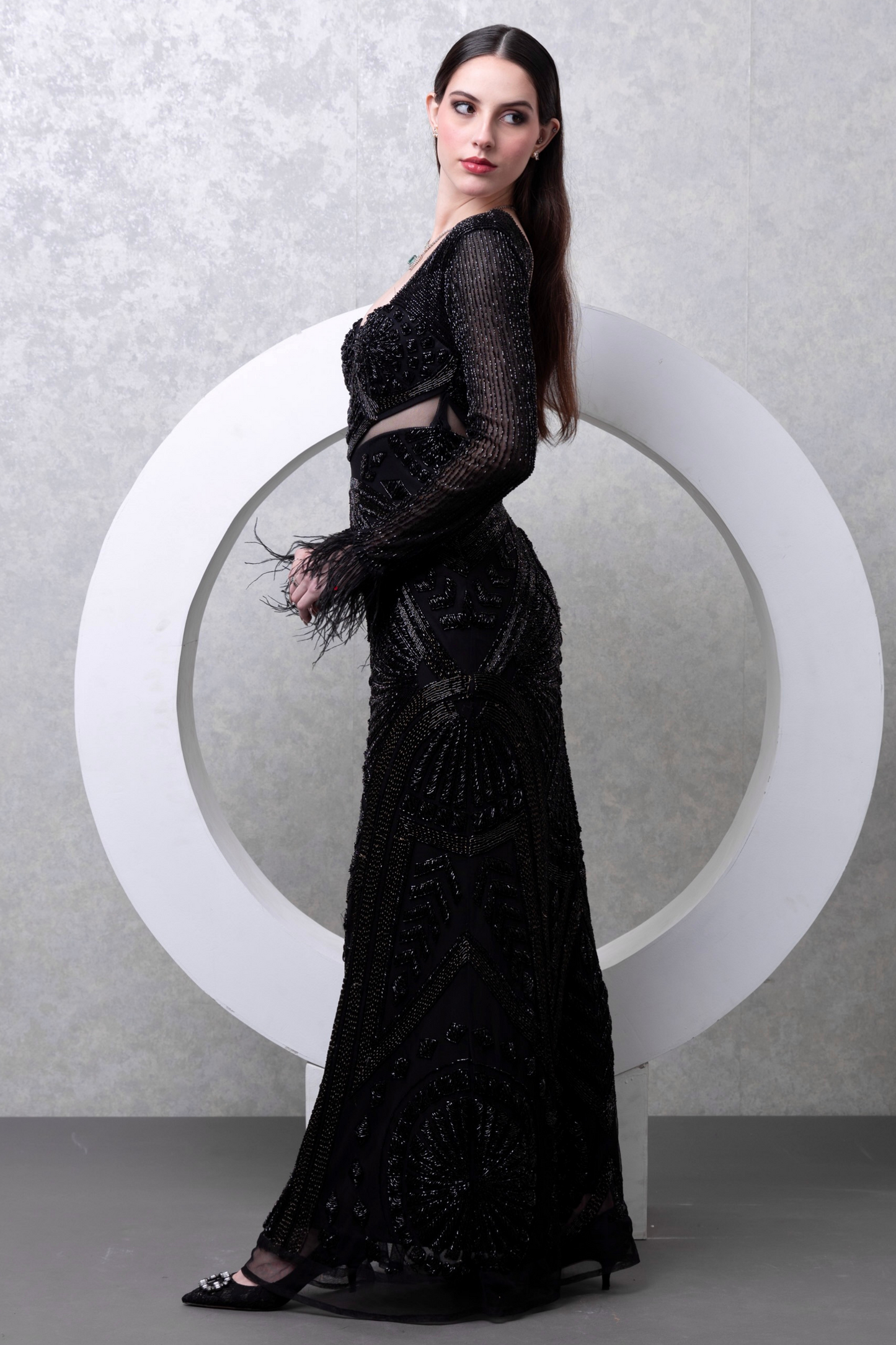 Black Embellished gown with Fur Cuffs