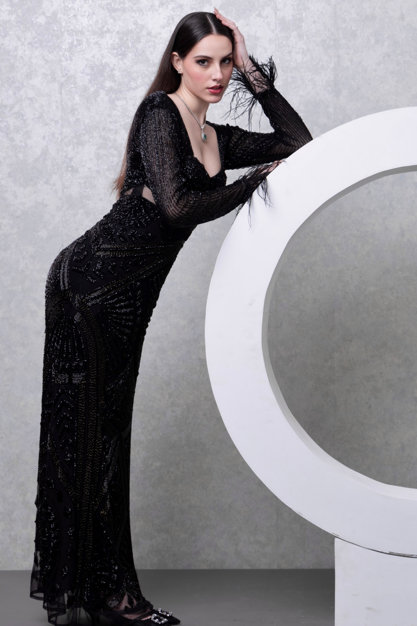 Black Embellished gown with Fur Cuffs