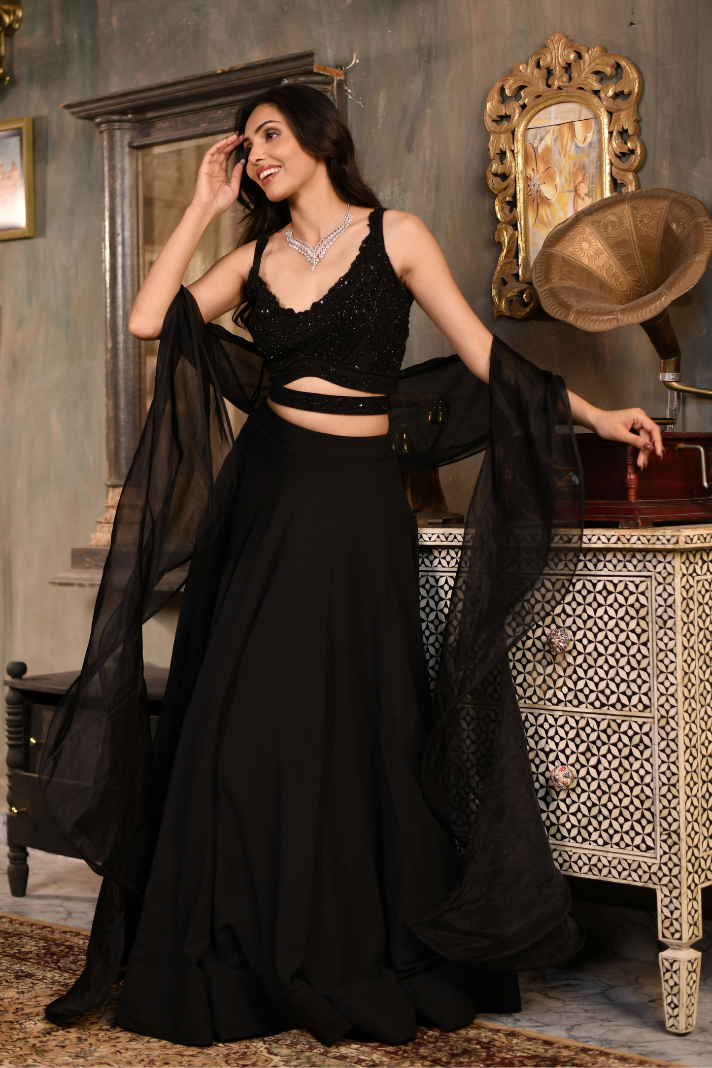 Black Fishcut Skirt Paired with Strap Blouse