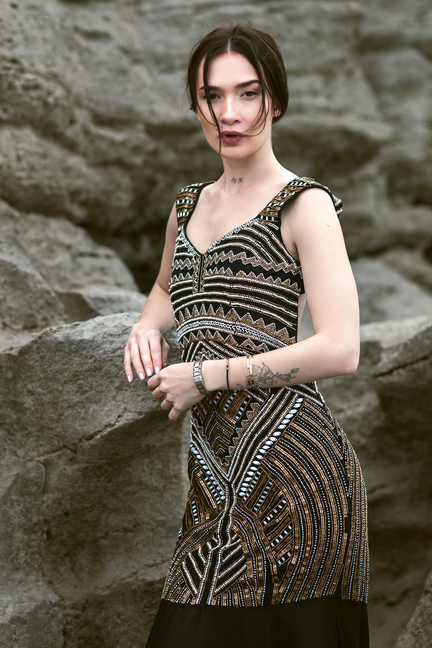 Black Geometrical Embellished Gown