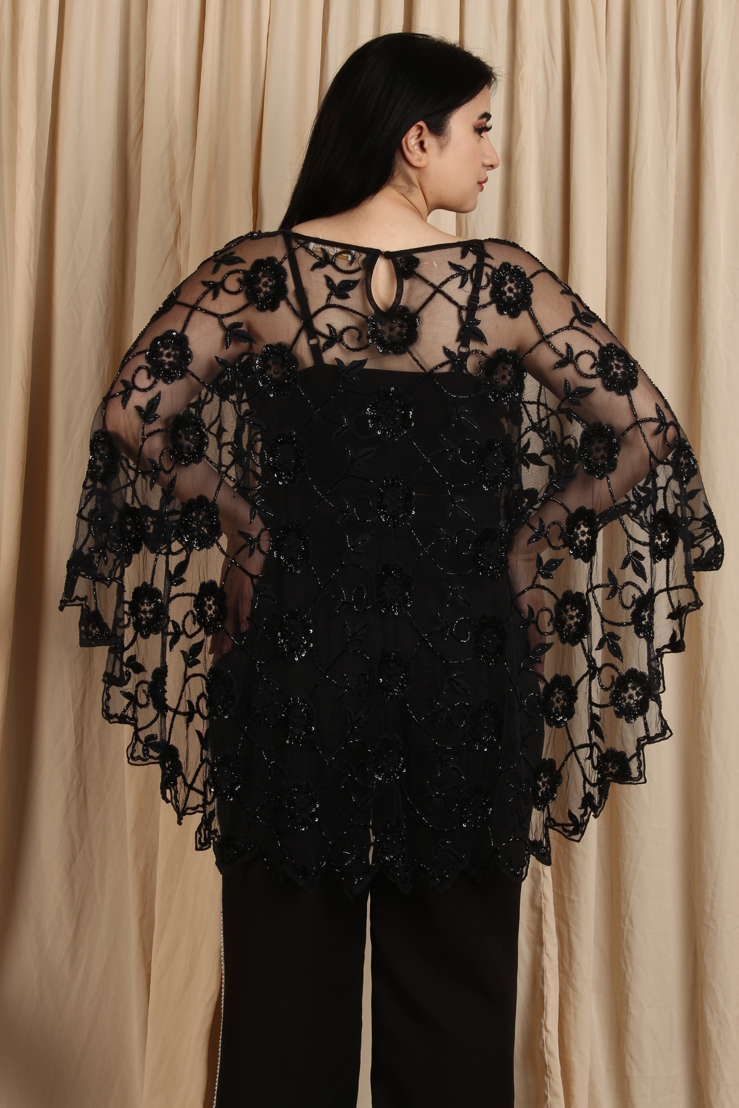 Black High-Low Embroidered Overall Cape