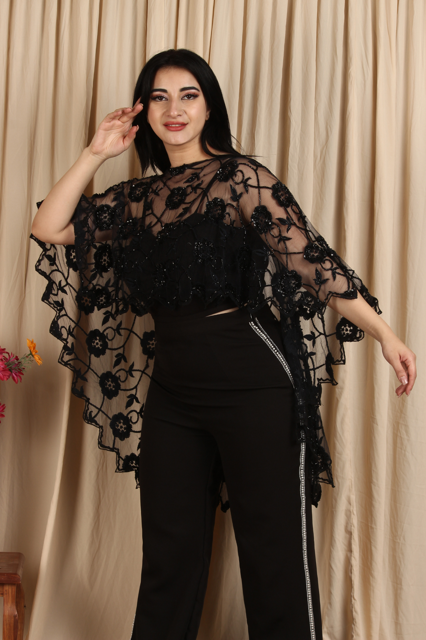 Black High-Low Embroidered Overall Cape