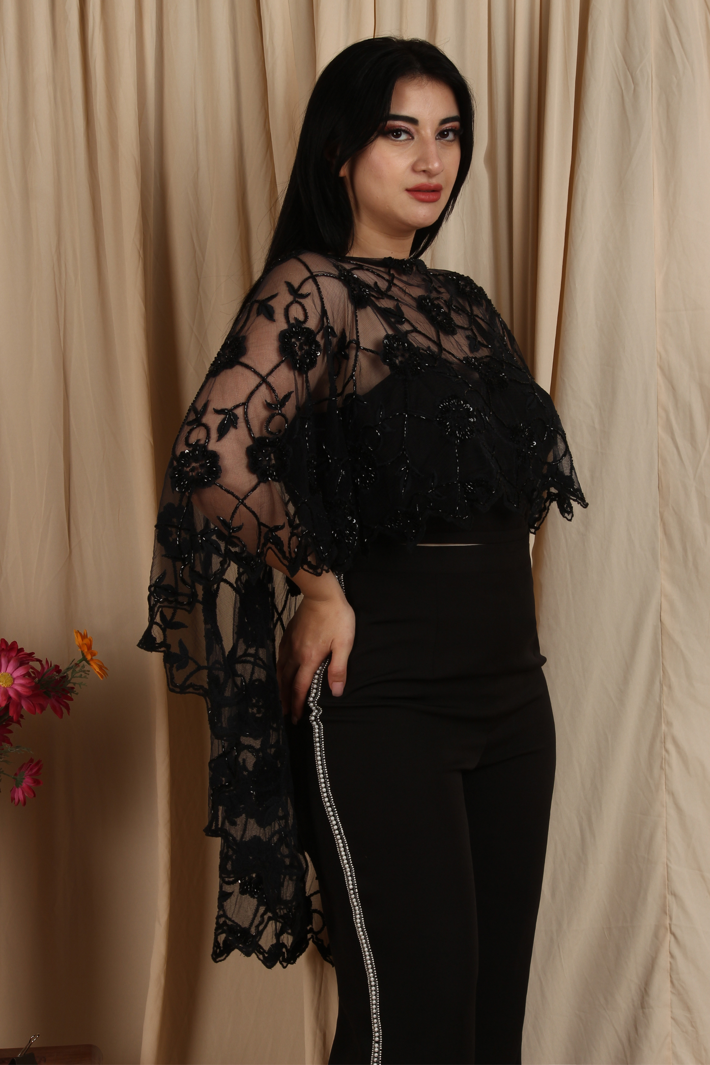 Black High-Low Embroidered Overall Cape