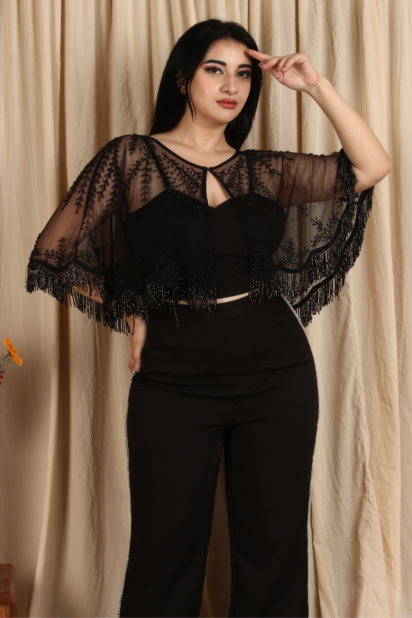 Black Minimal Embroidered Round Cape with Fringes