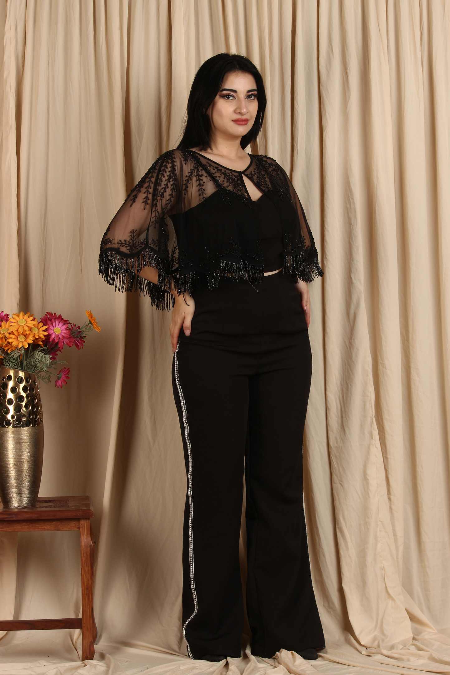 Black Minimal Embroidered Round Cape with Fringes