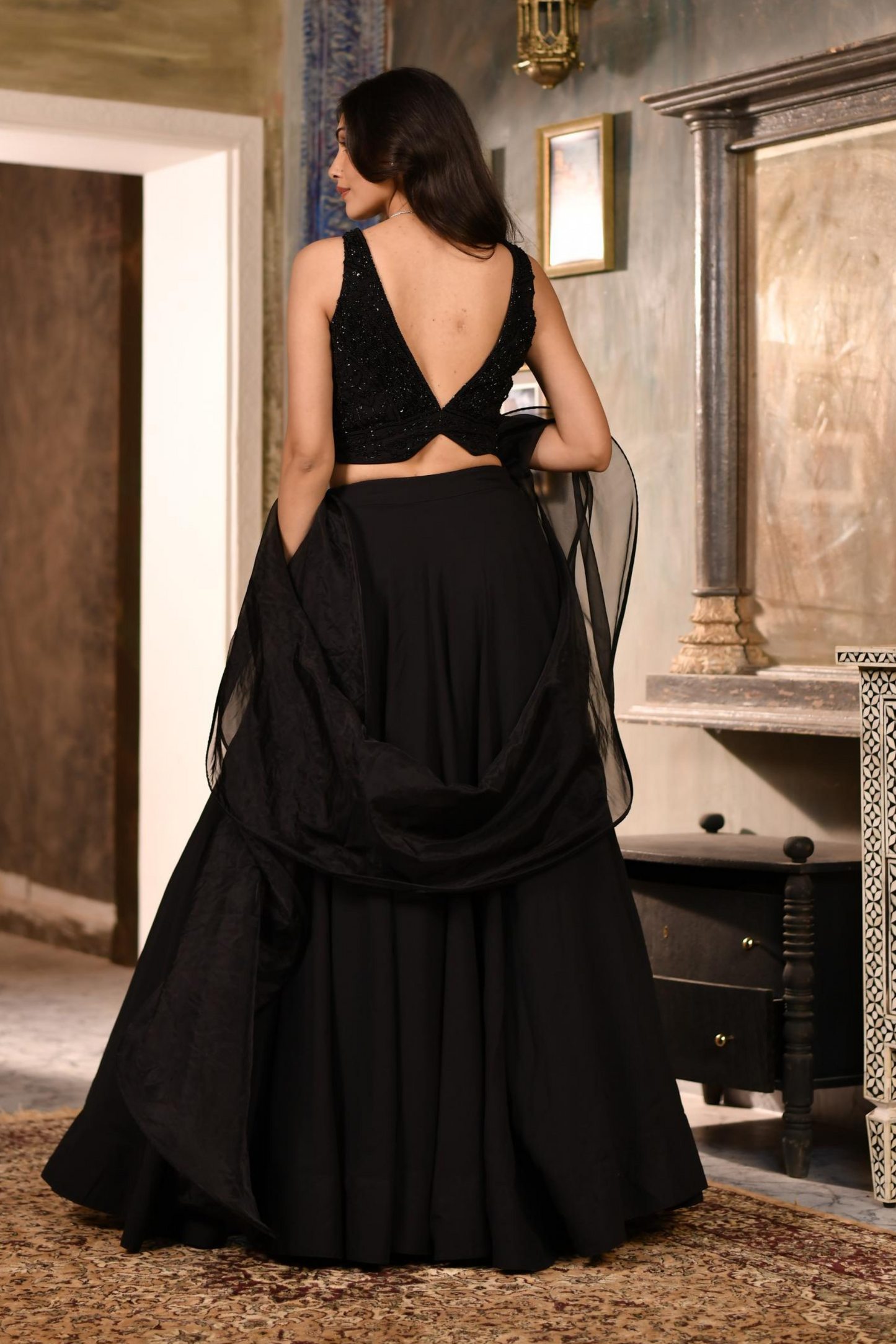 Black Skirt Top with Dupatta Waist Belt