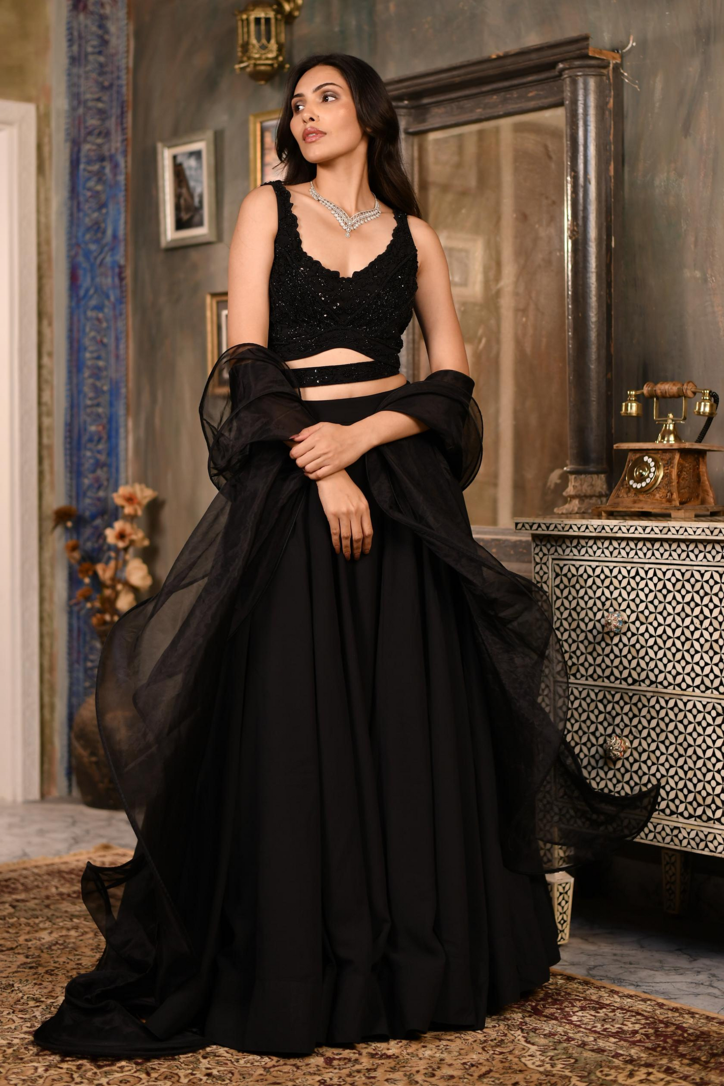 Black Skirt Top with Dupatta Waist Belt