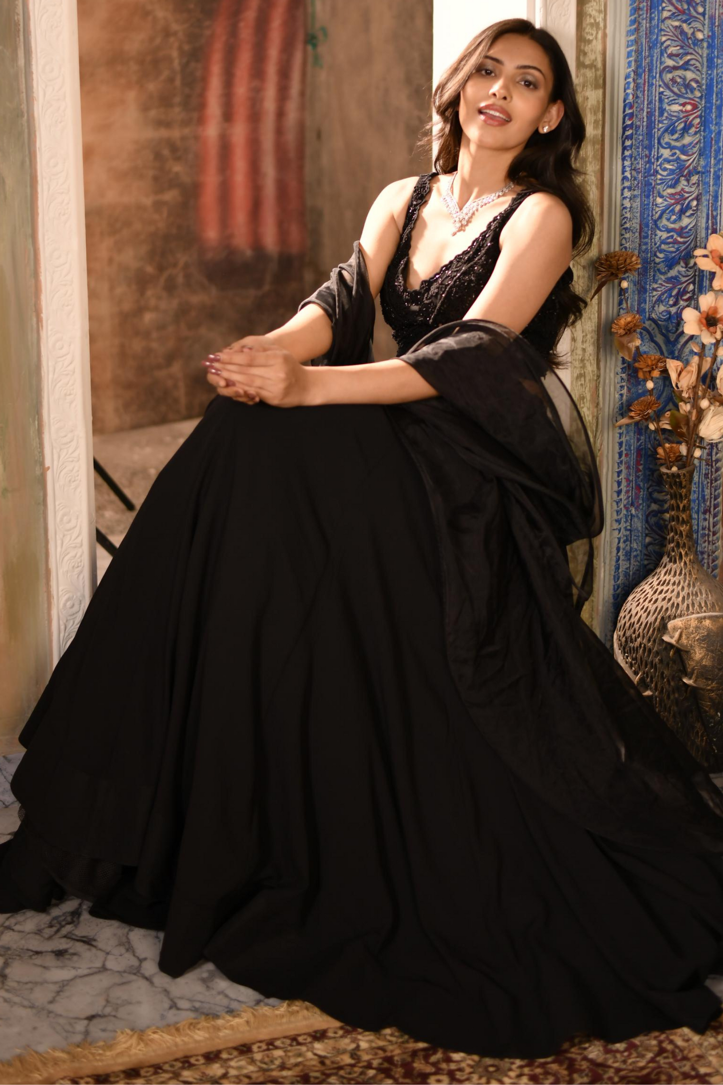 Black Skirt Top with Dupatta Waist Belt