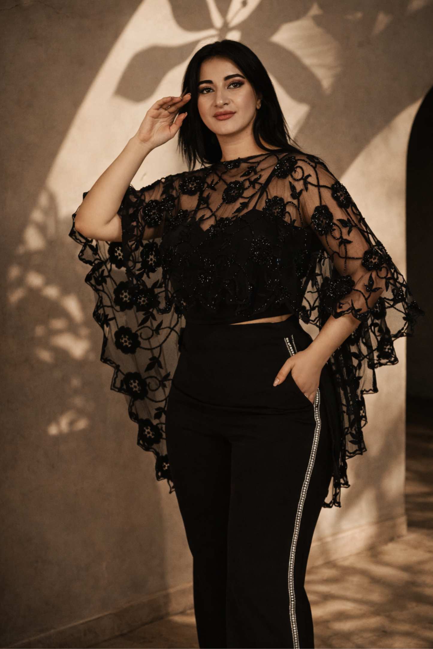 Black High-Low Embroidered Overall Cape