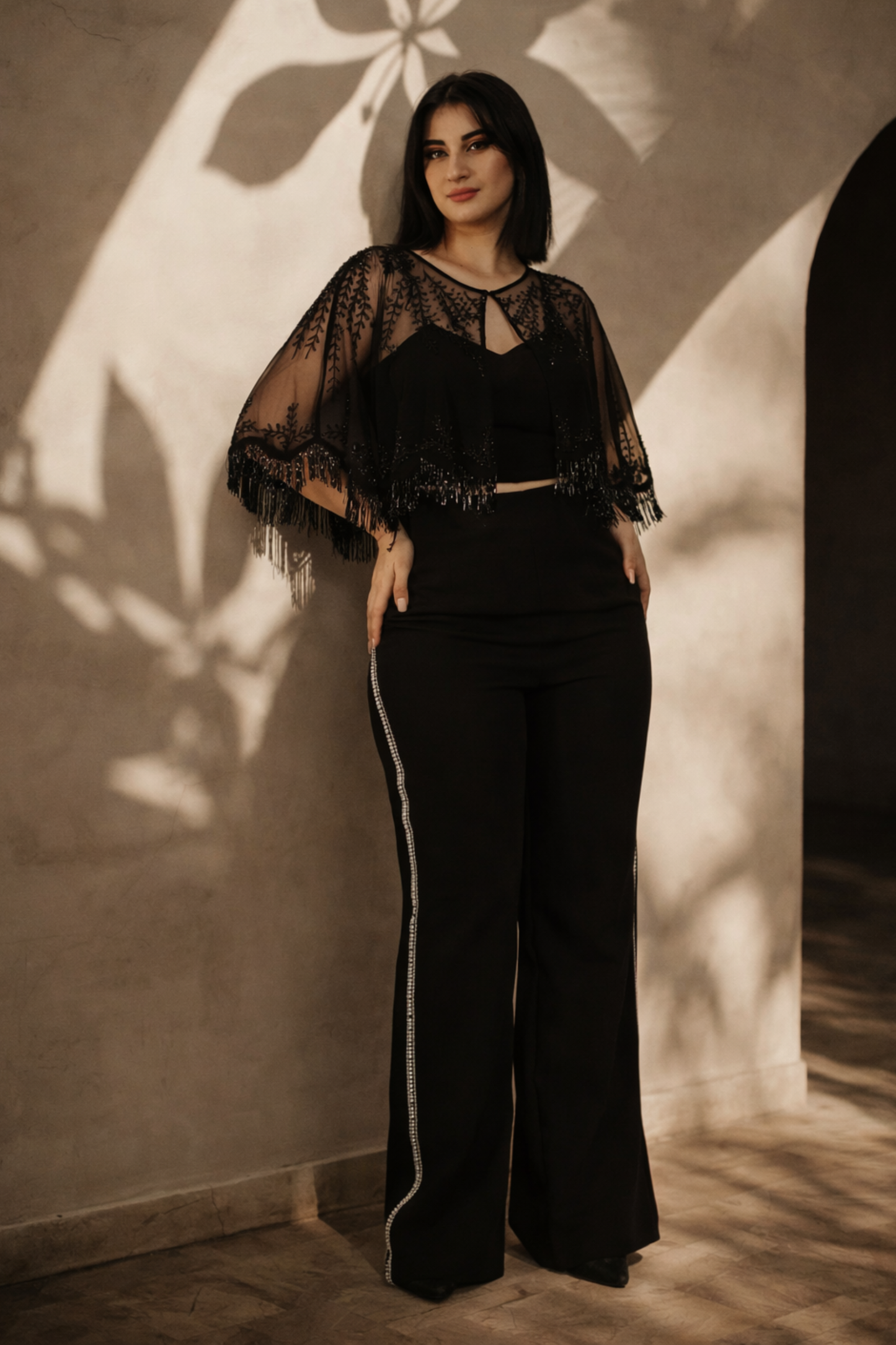 Black Minimal Embroidered Round Cape with Fringes