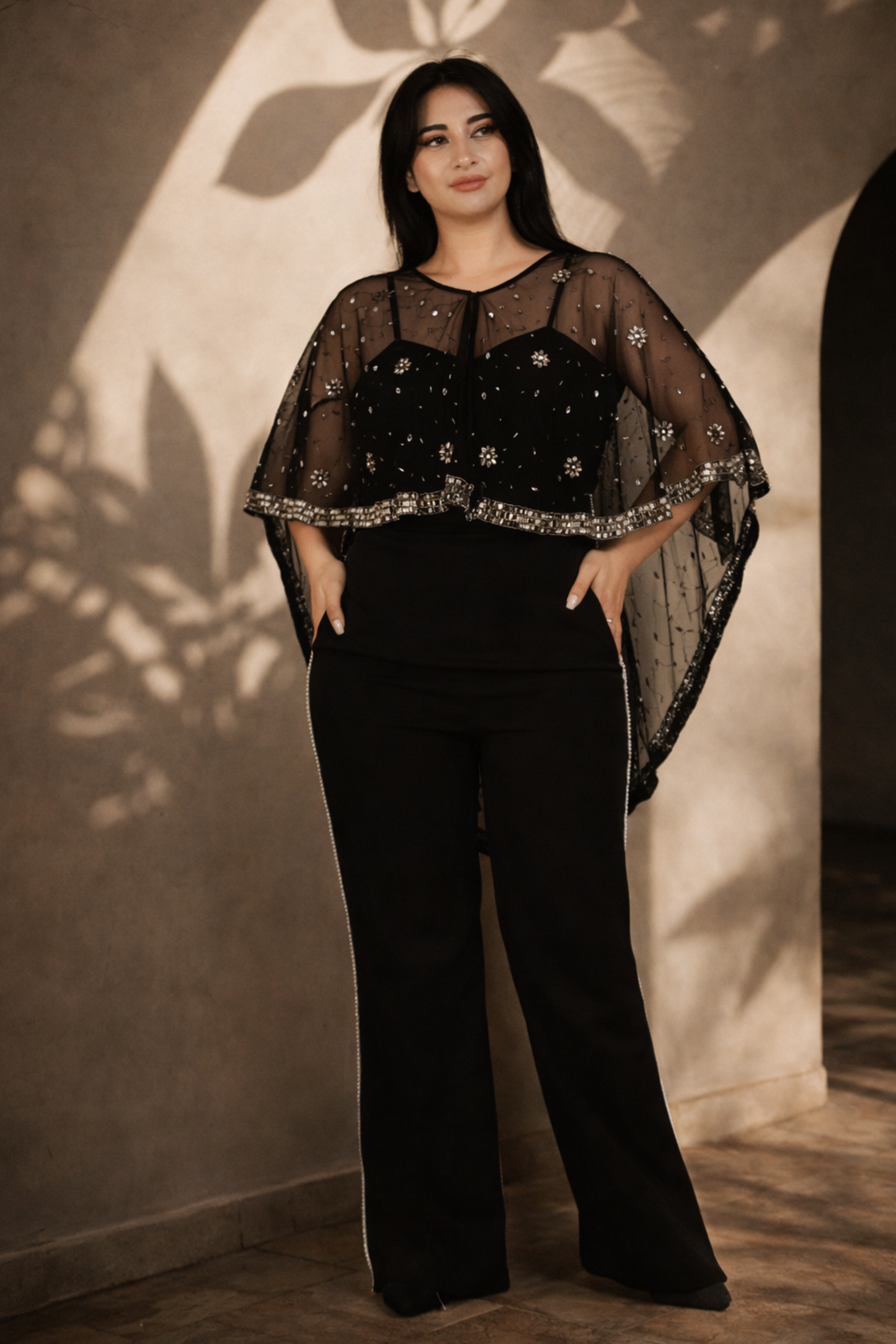 Black Sequin High-Low Cape