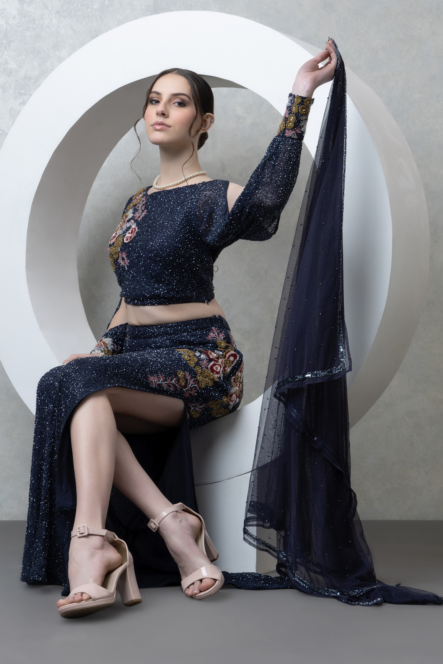 Blue Embroidered Bedazzled Co-ord