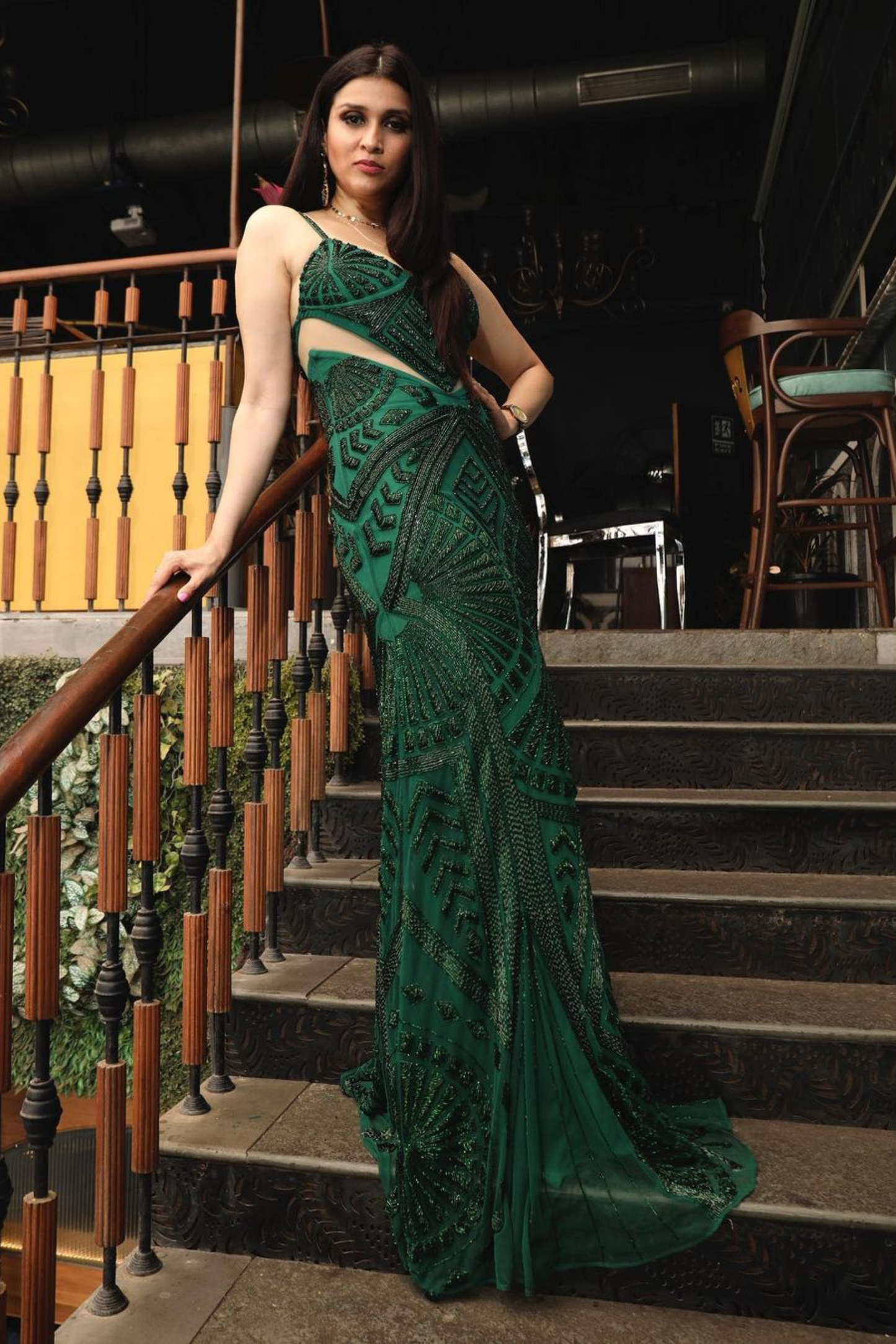 Bottle Green Polyester Embellished Gown