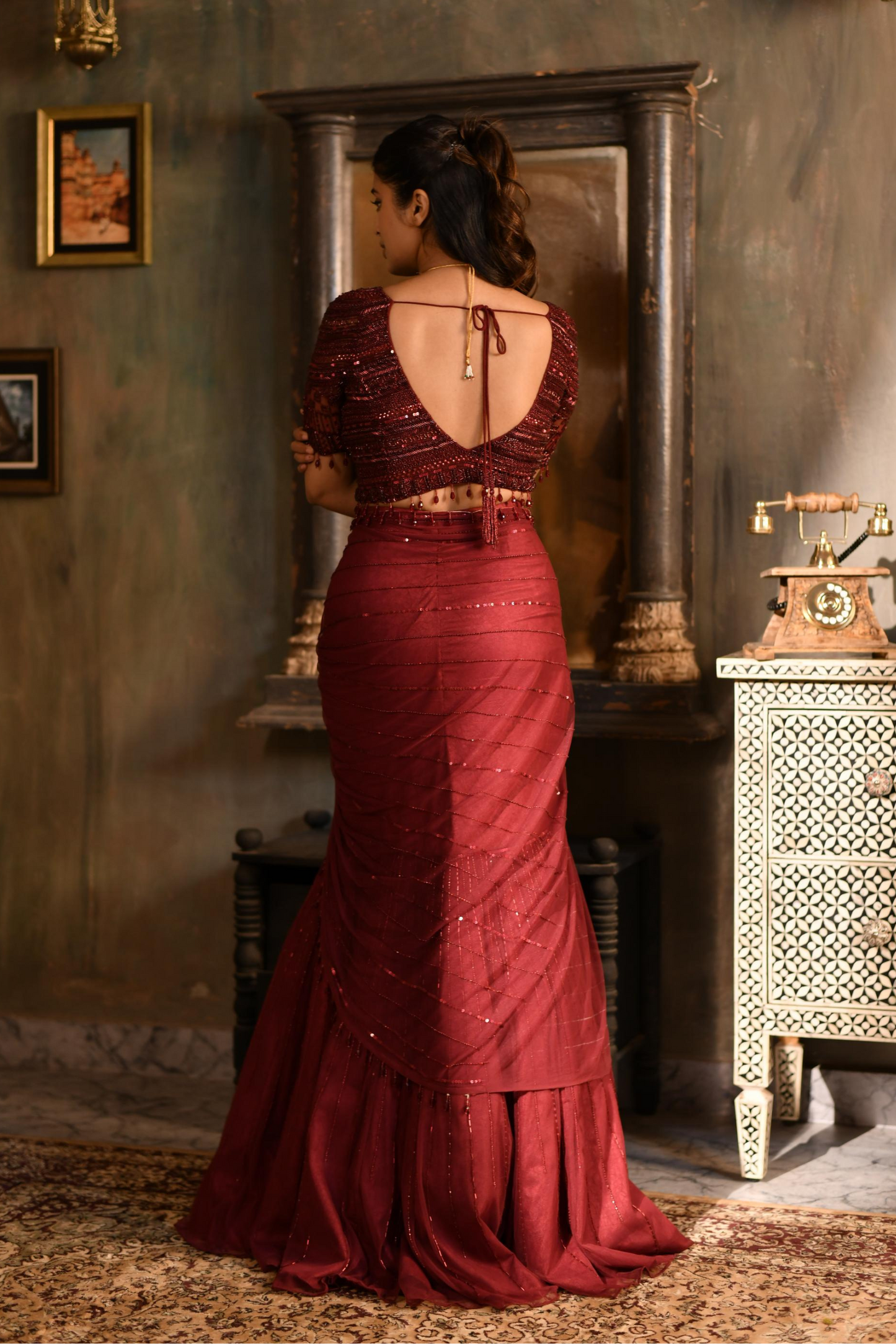 Burgundy Skirt, Top with Dupatta Waist Belt (Lehenga Saree)