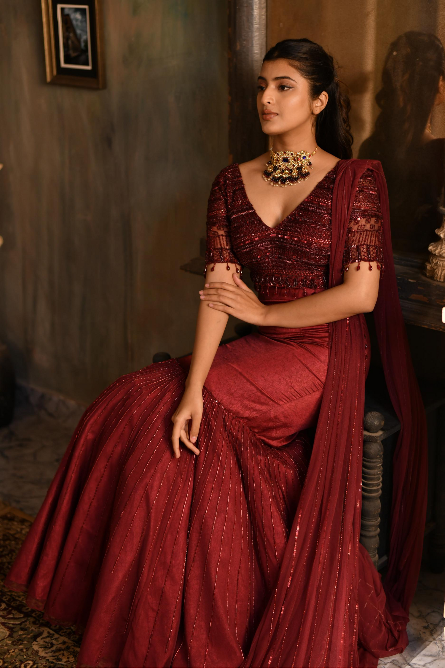 Burgundy Skirt, Top with Dupatta Waist Belt (Lehenga Saree)