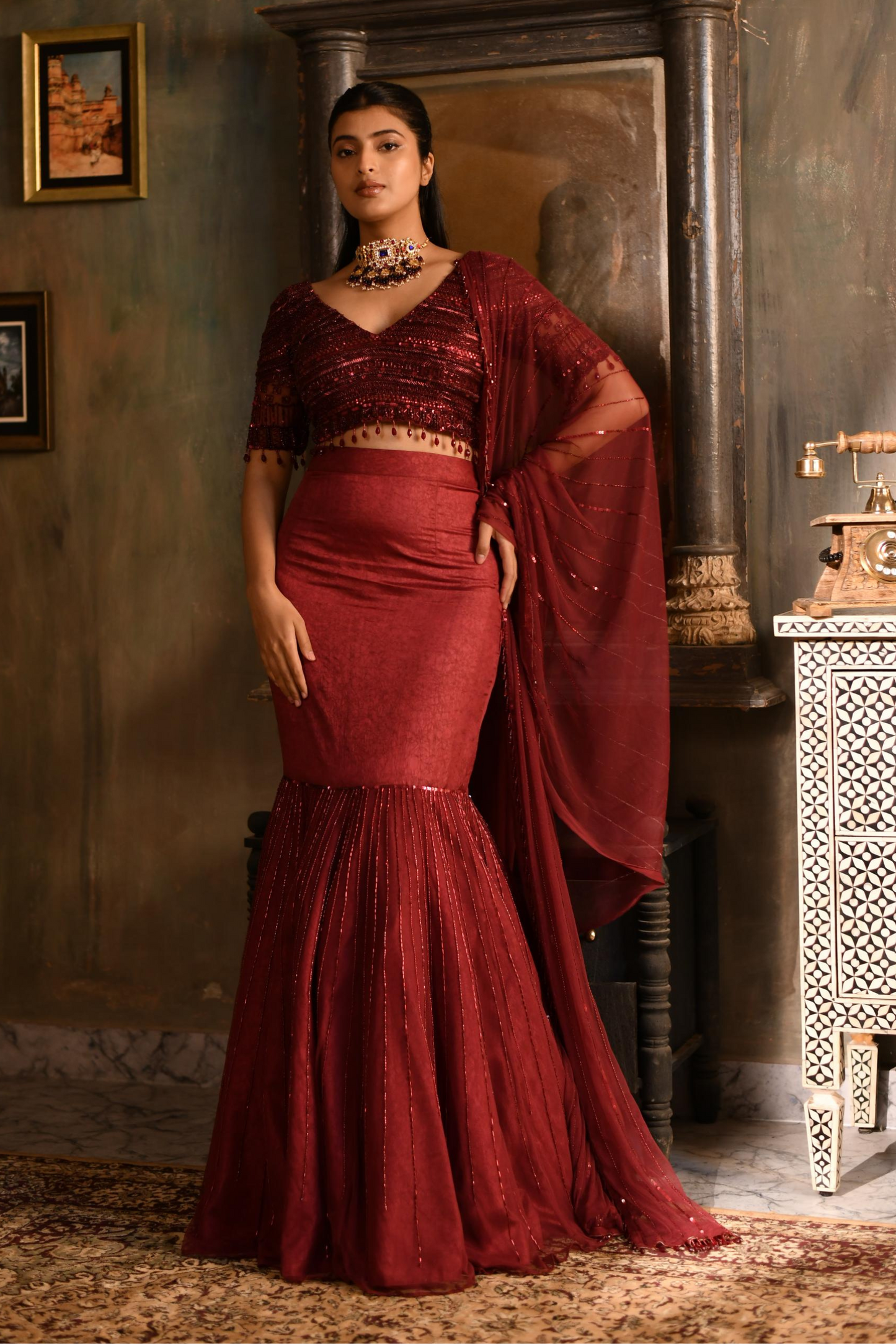 Burgundy Skirt, Top with Dupatta Waist Belt (Lehenga Saree)