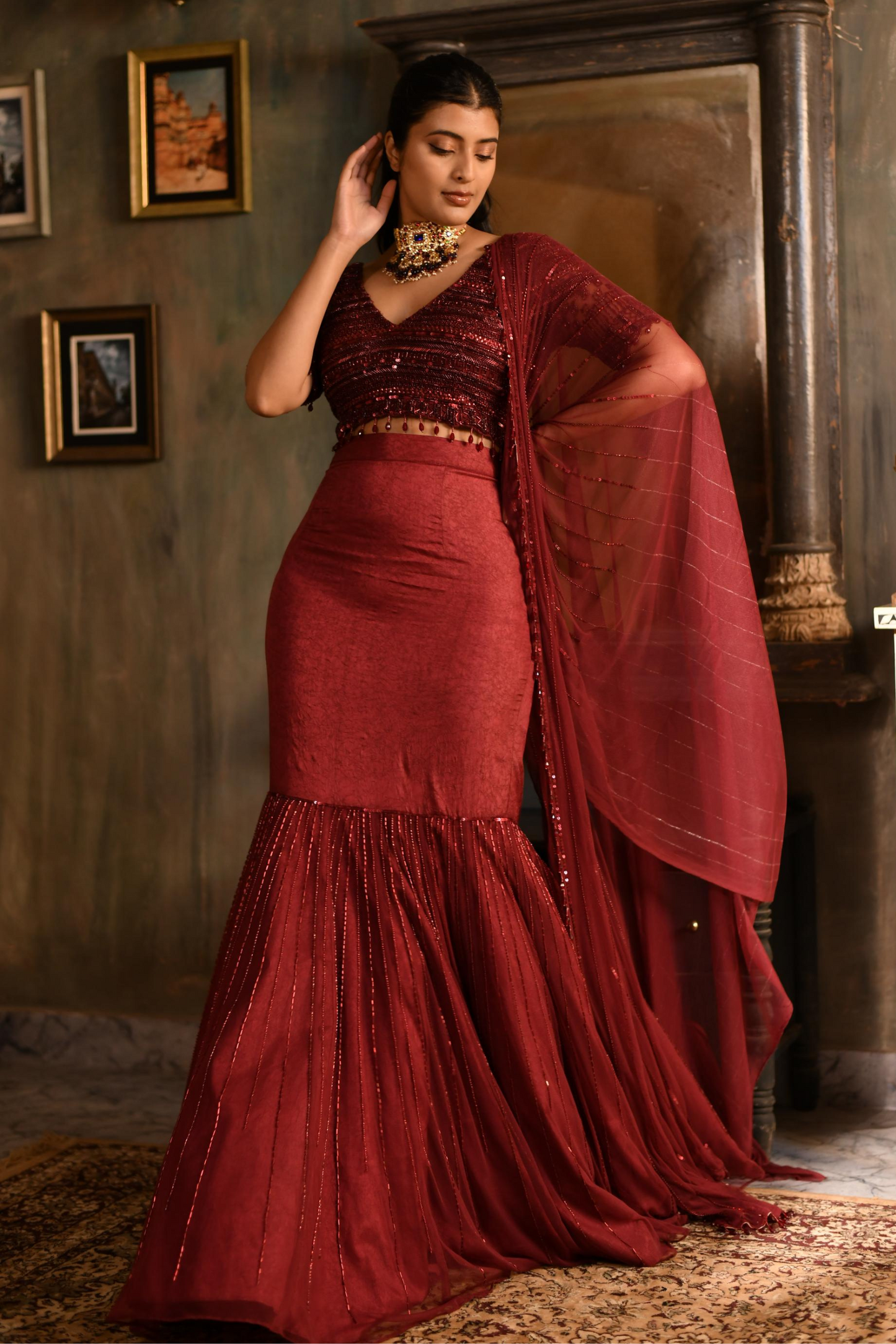 Burgundy Skirt, Top with Dupatta Waist Belt (Lehenga Saree)