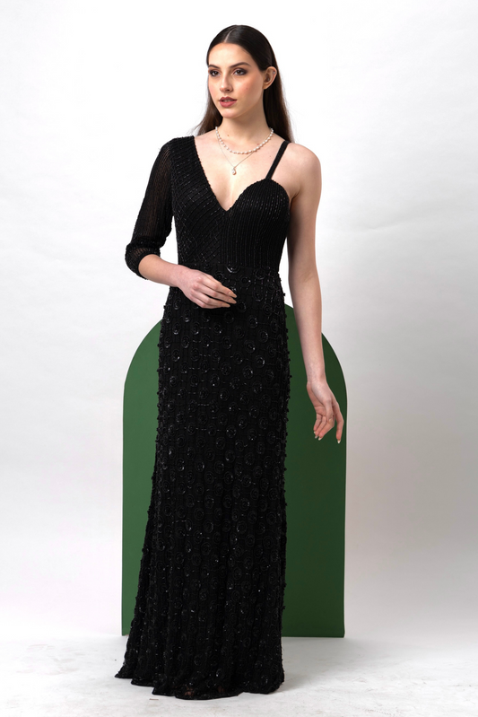 Classic Black One Shoulder Embellished Gown