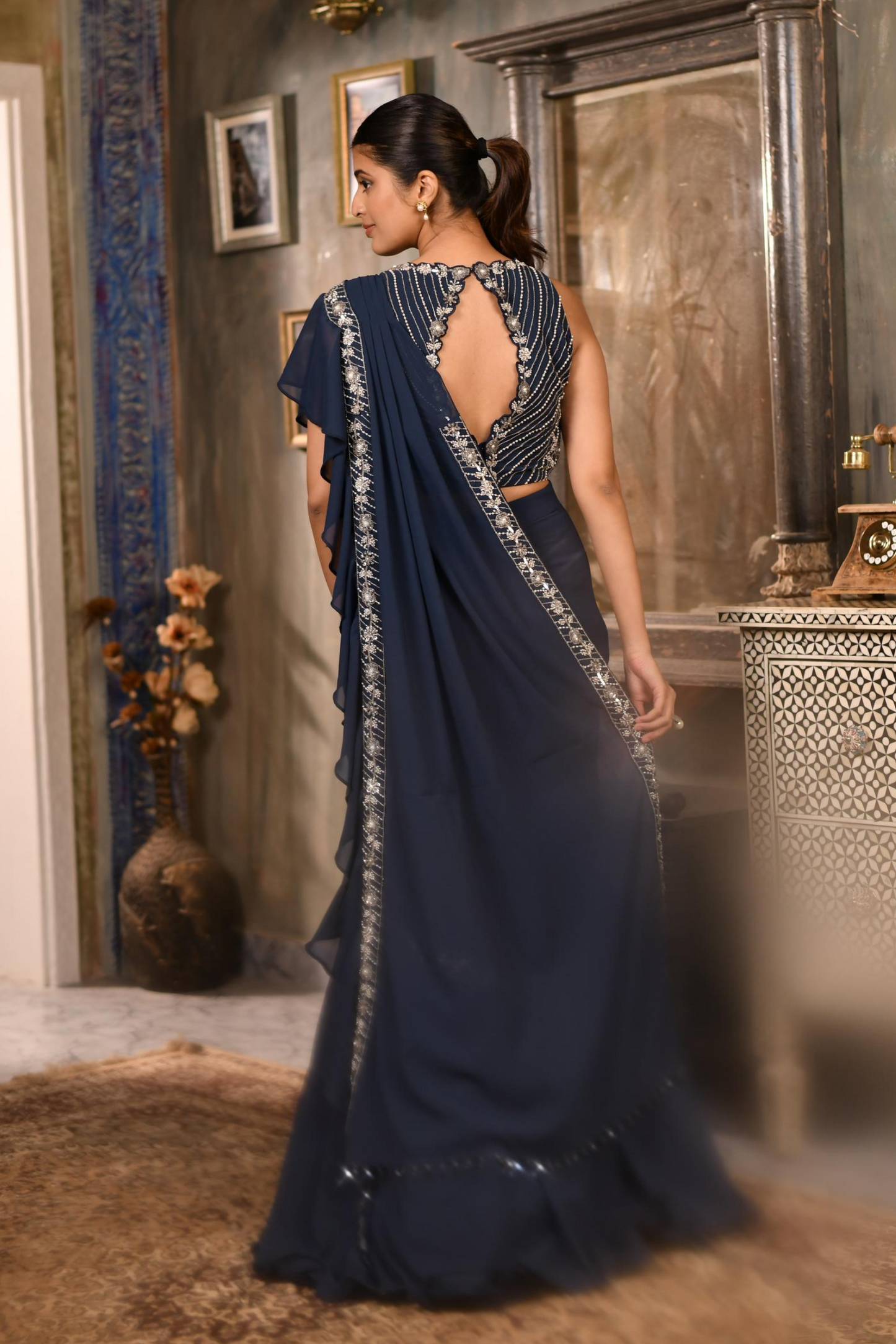 Classic Blue Fishcut Ruffle Drape Saree