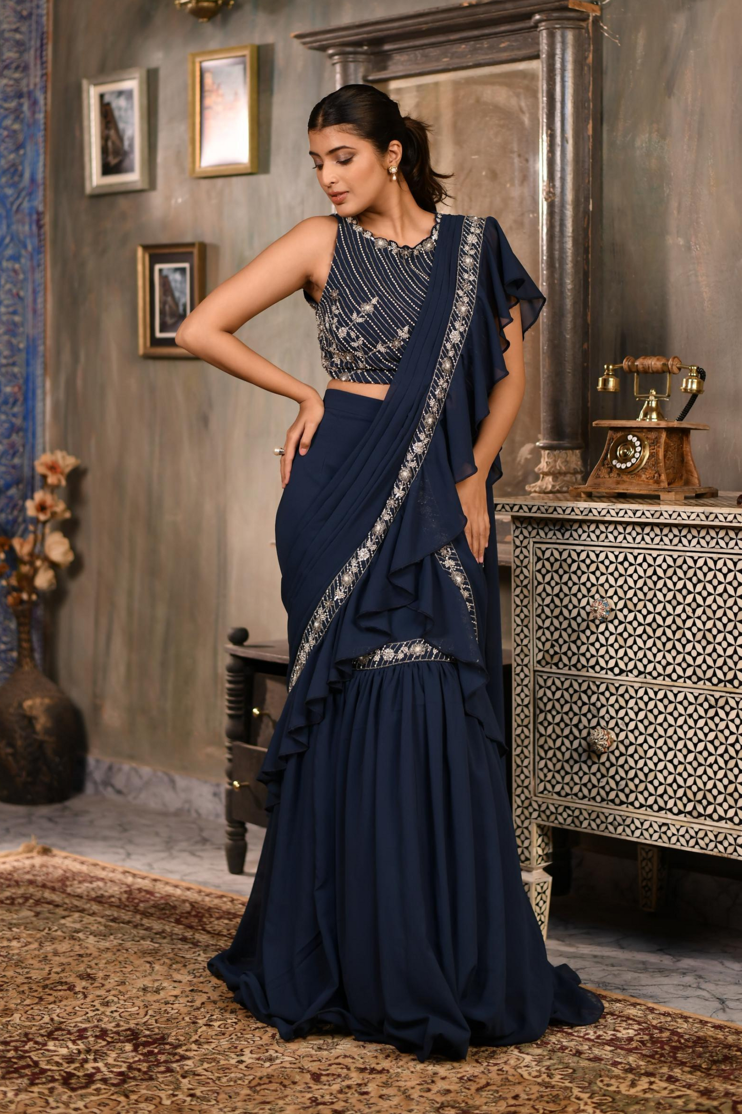 Classic Blue Fishcut Ruffle Drape Saree