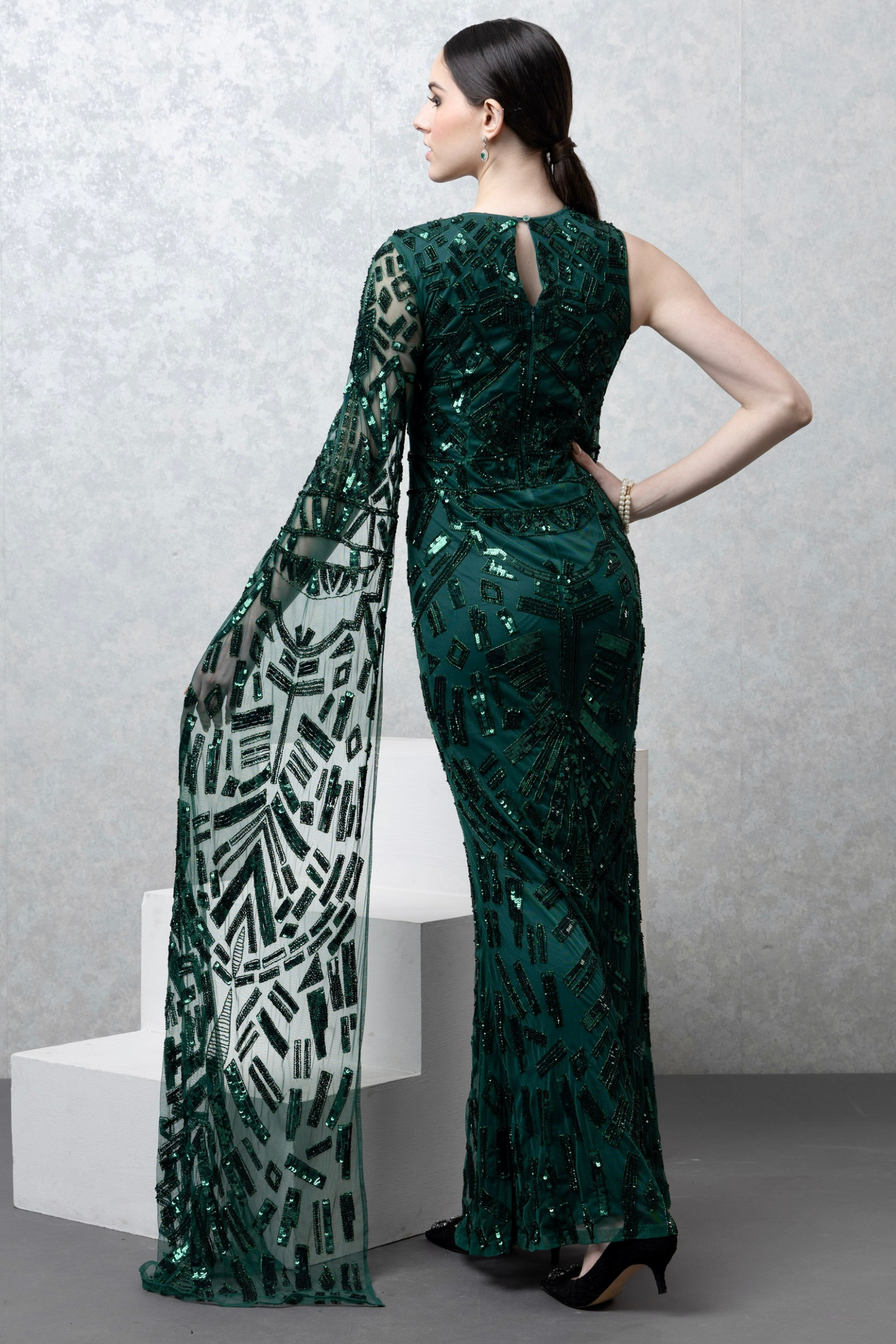 Classic Green Embellished Gown with Waterfall Sleeve