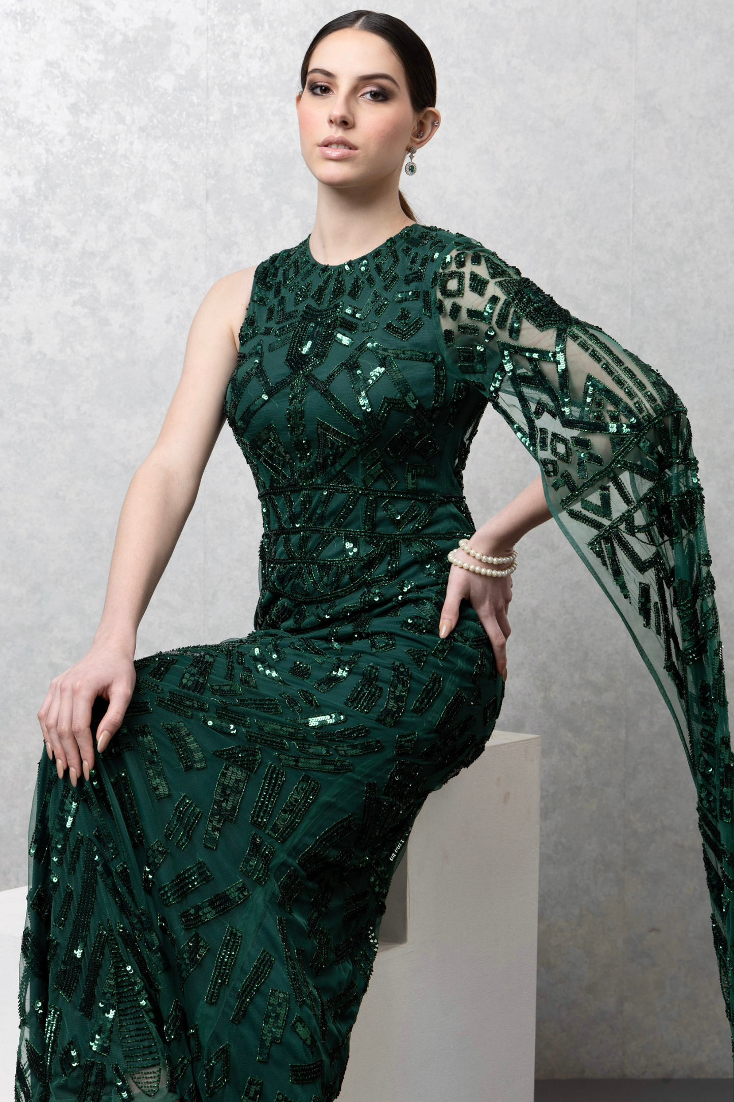 Classic Green Embellished Gown with Waterfall Sleeve