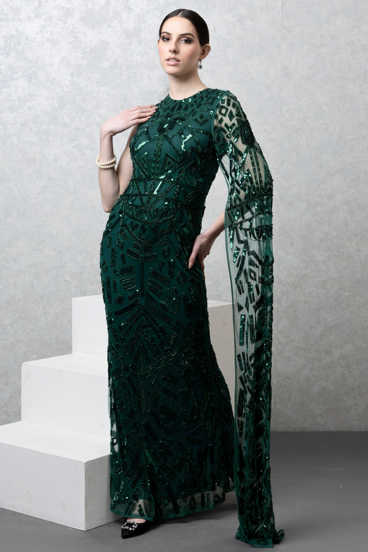 Classic Green Embellished Gown with Waterfall Sleeve