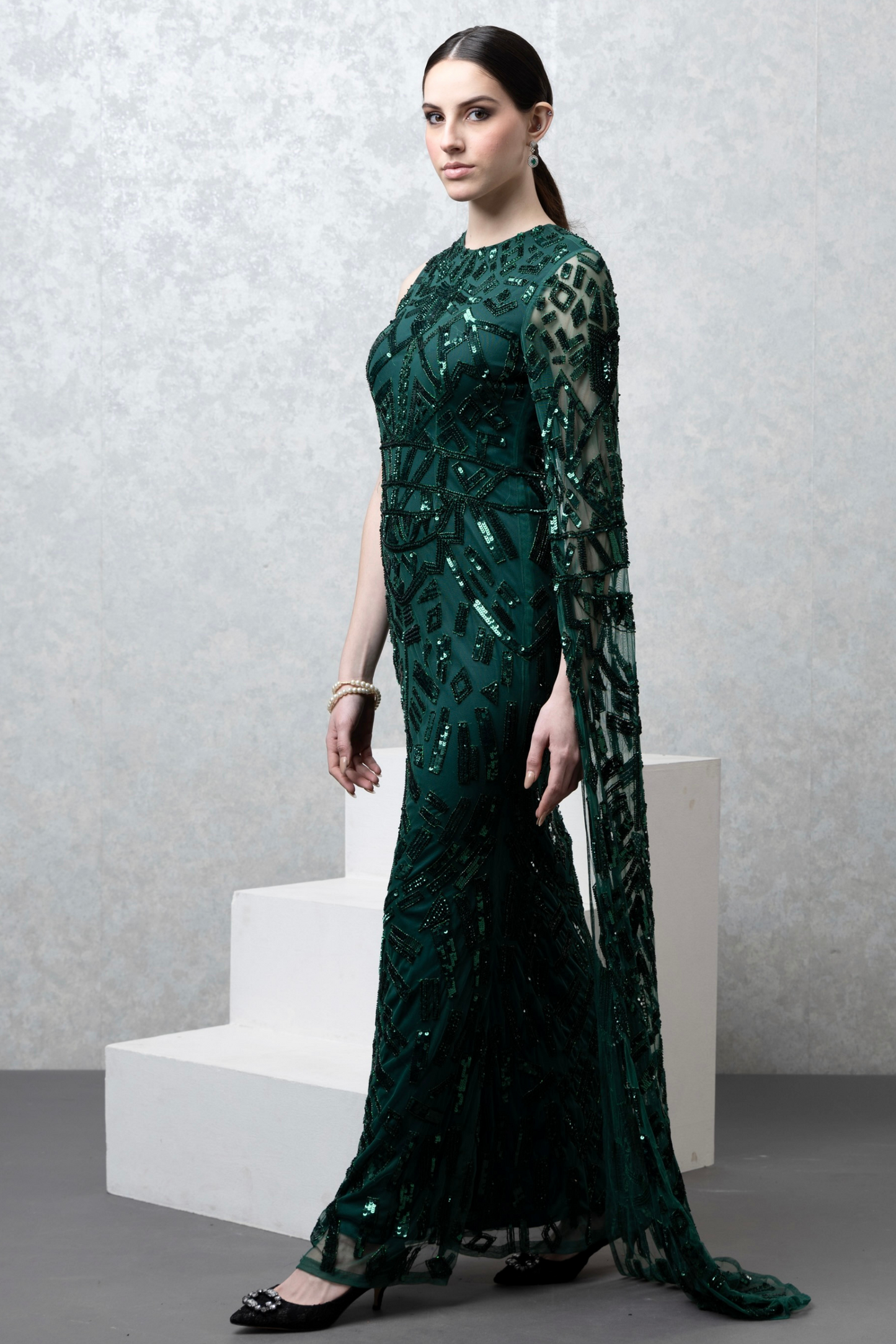Classic Green Embellished Gown with Waterfall Sleeve