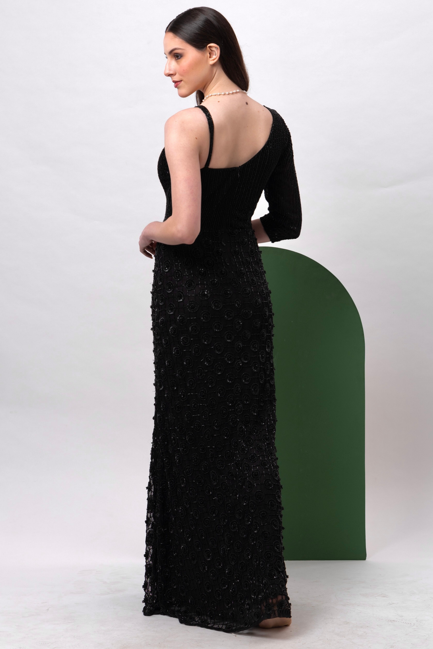 Classic Black One Shoulder Embellished Gown