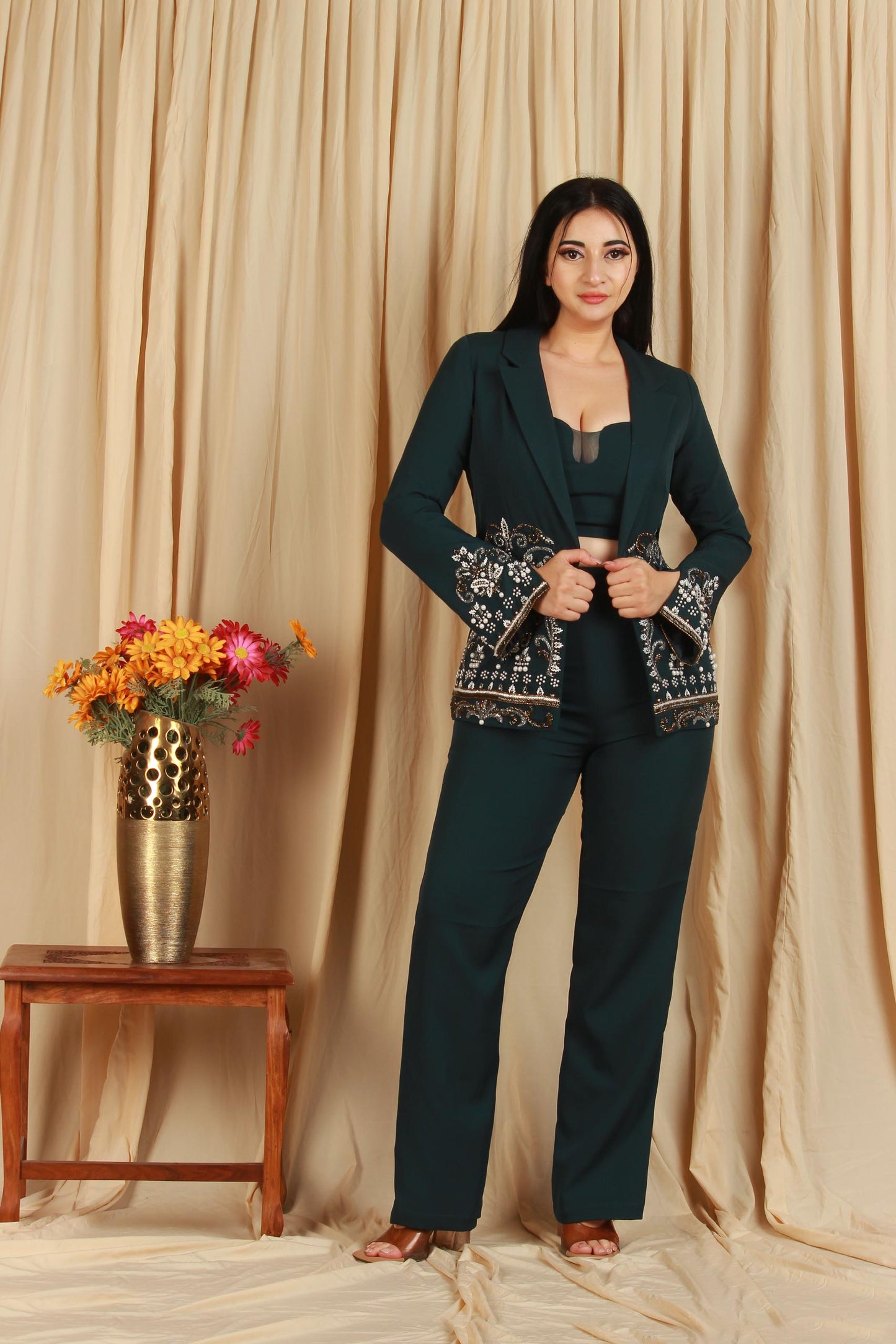 Deep Green Festive Coord with Embellished Blazer
