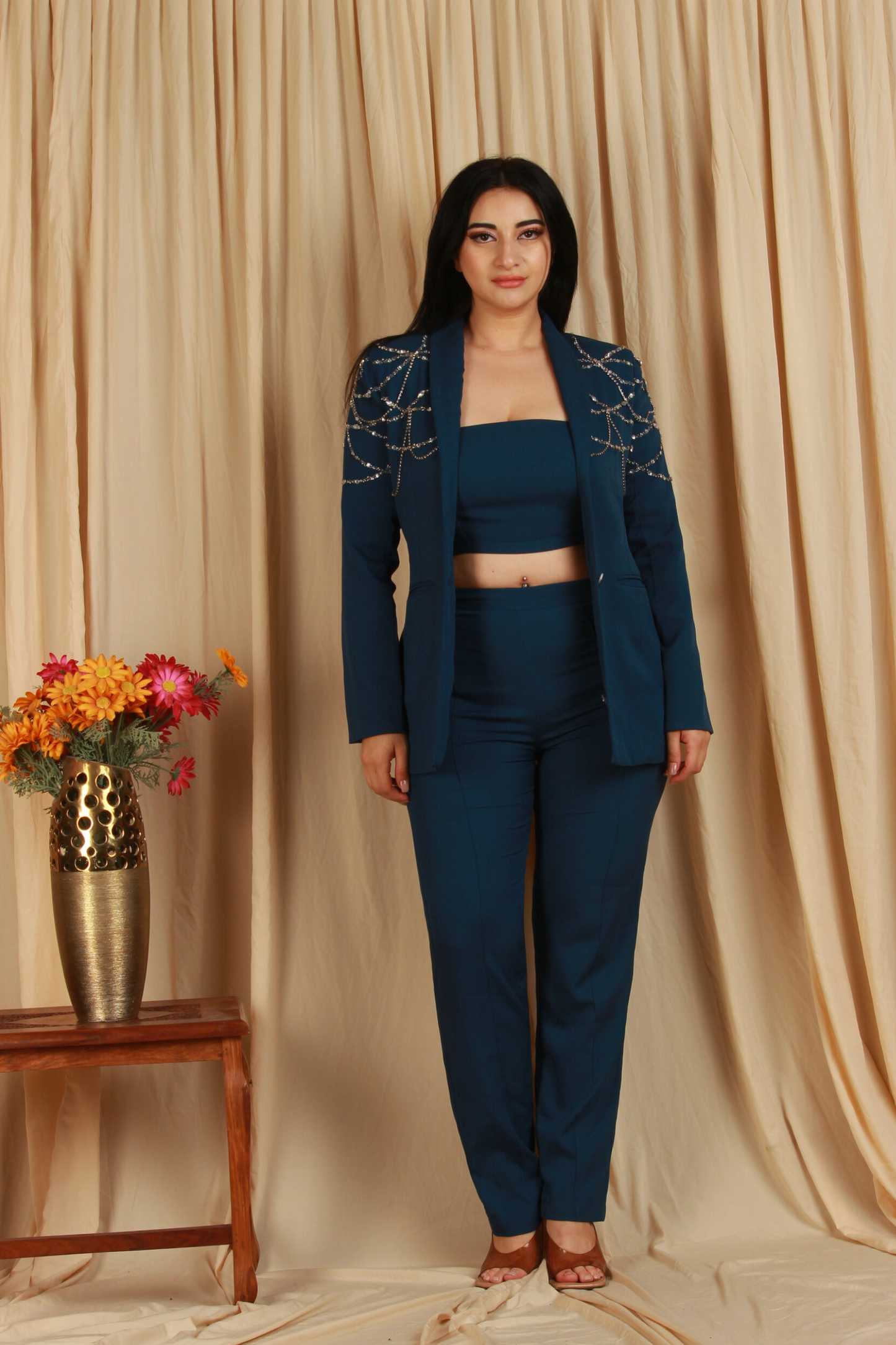 Deep Teal Embellished Power Co-Ord Set