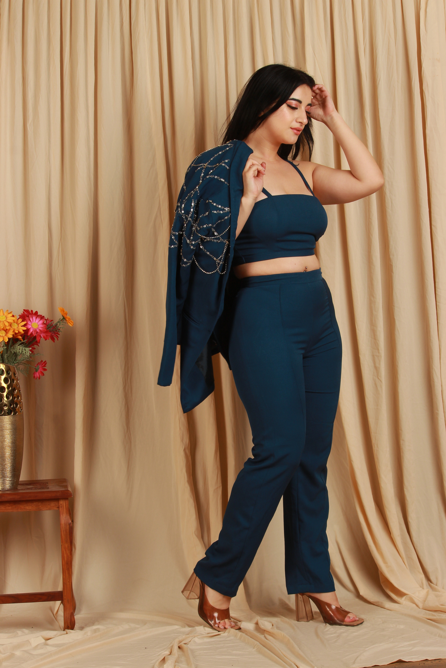 Deep Teal Embellished Power Co-Ord Set