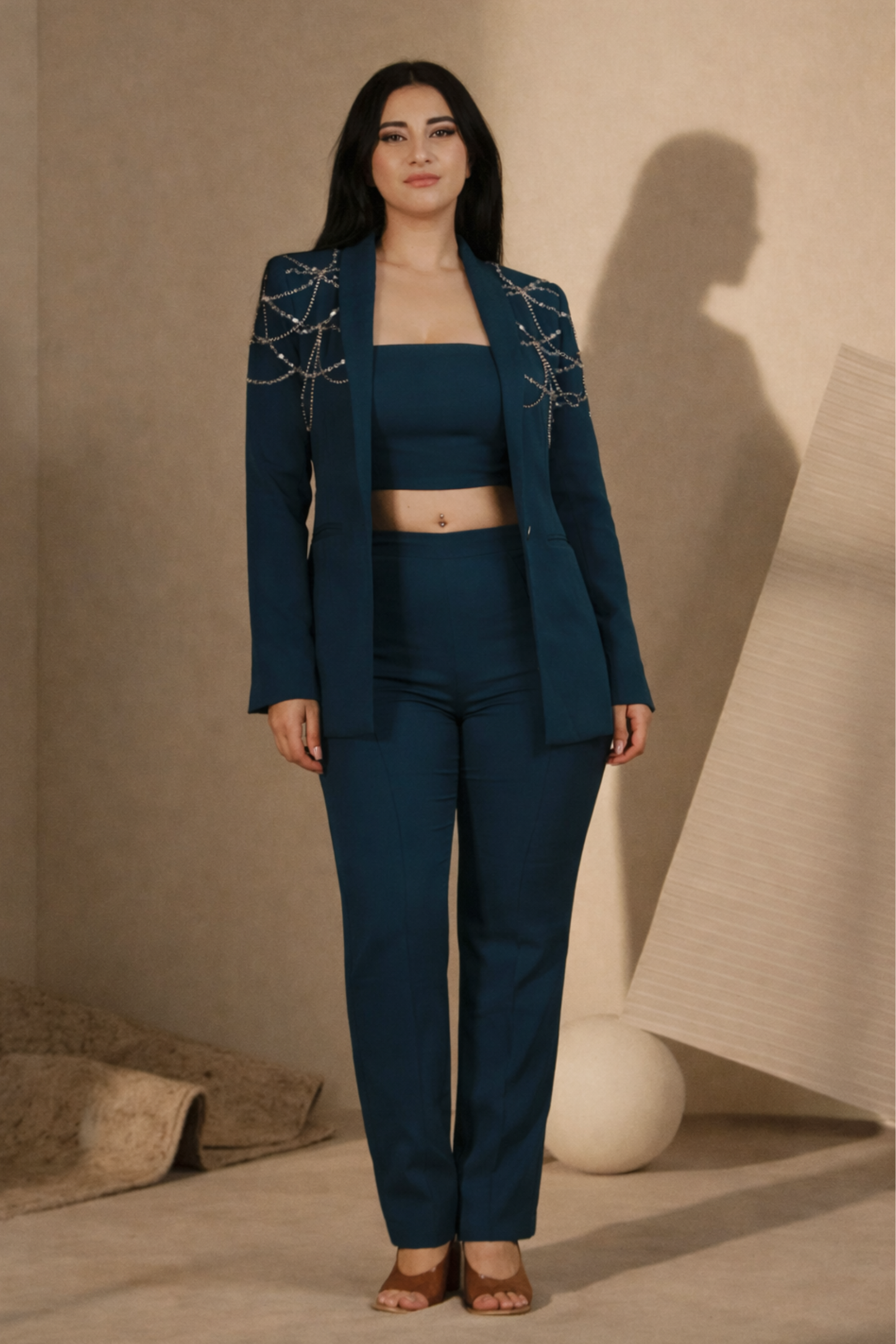 Deep Teal Embellished Power Co-Ord Set